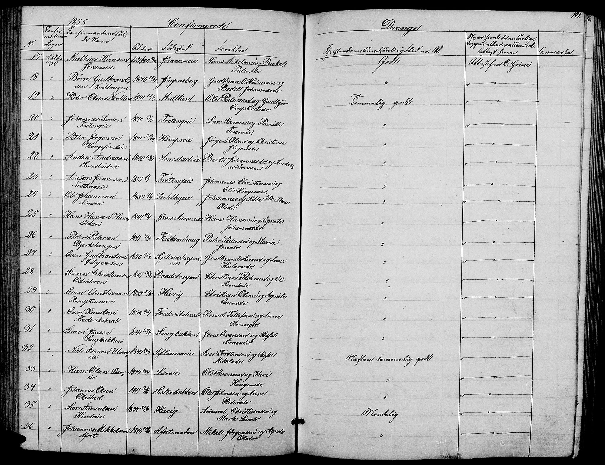 Ringsaker prestekontor, SAH/PREST-014/L/La/L0006: Parish register (copy) no. 6, 1851-1860, p. 191