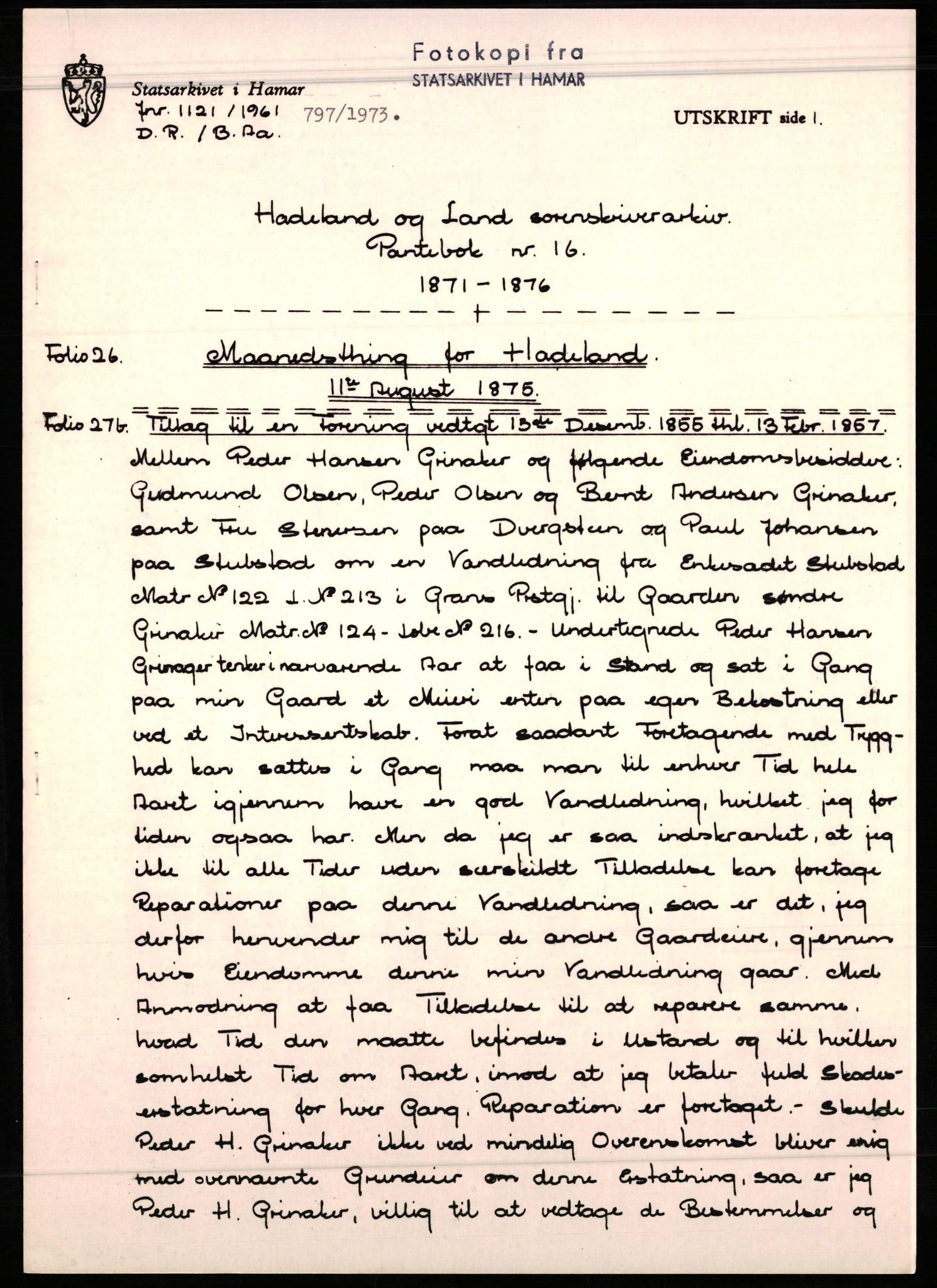 Avskriftssamlingen ved Statsarkivet i Hamar, AV/SAH-AVSKRIFT-001/H/Hh/Hha/L0016: Pantebok for Hadeland og Land, 1871-1876