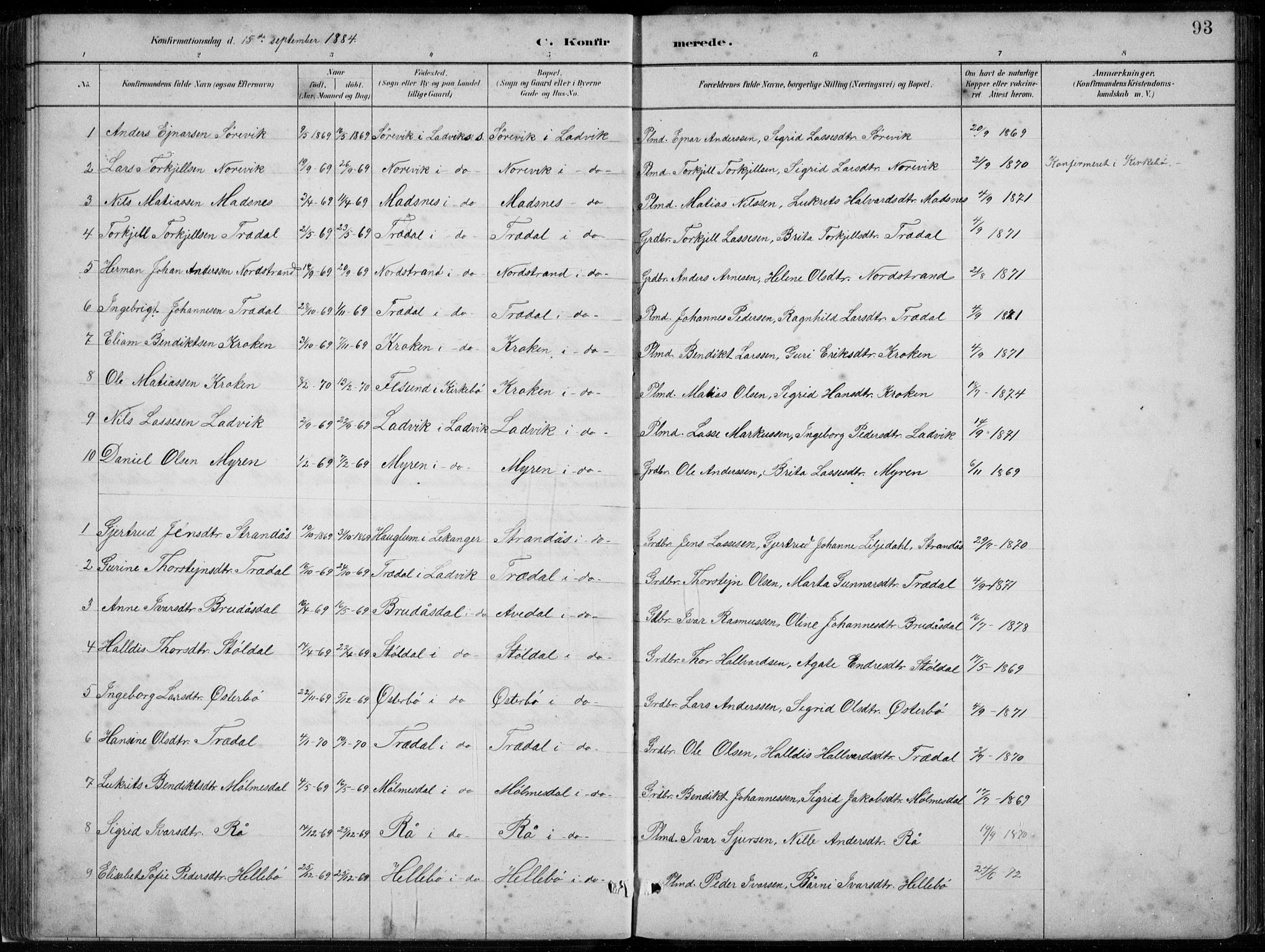 Lavik sokneprestembete, SAB/A-80901: Parish register (copy) no. A 2, 1882-1910, p. 93