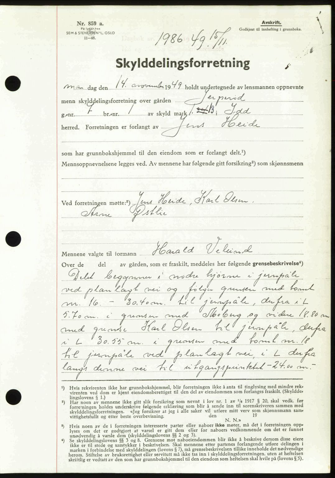 Idd og Marker sorenskriveri, AV/SAO-A-10283/G/Gb/Gbb/L0013: Mortgage book no. A13, 1949-1950, Diary no: : 1986/1949