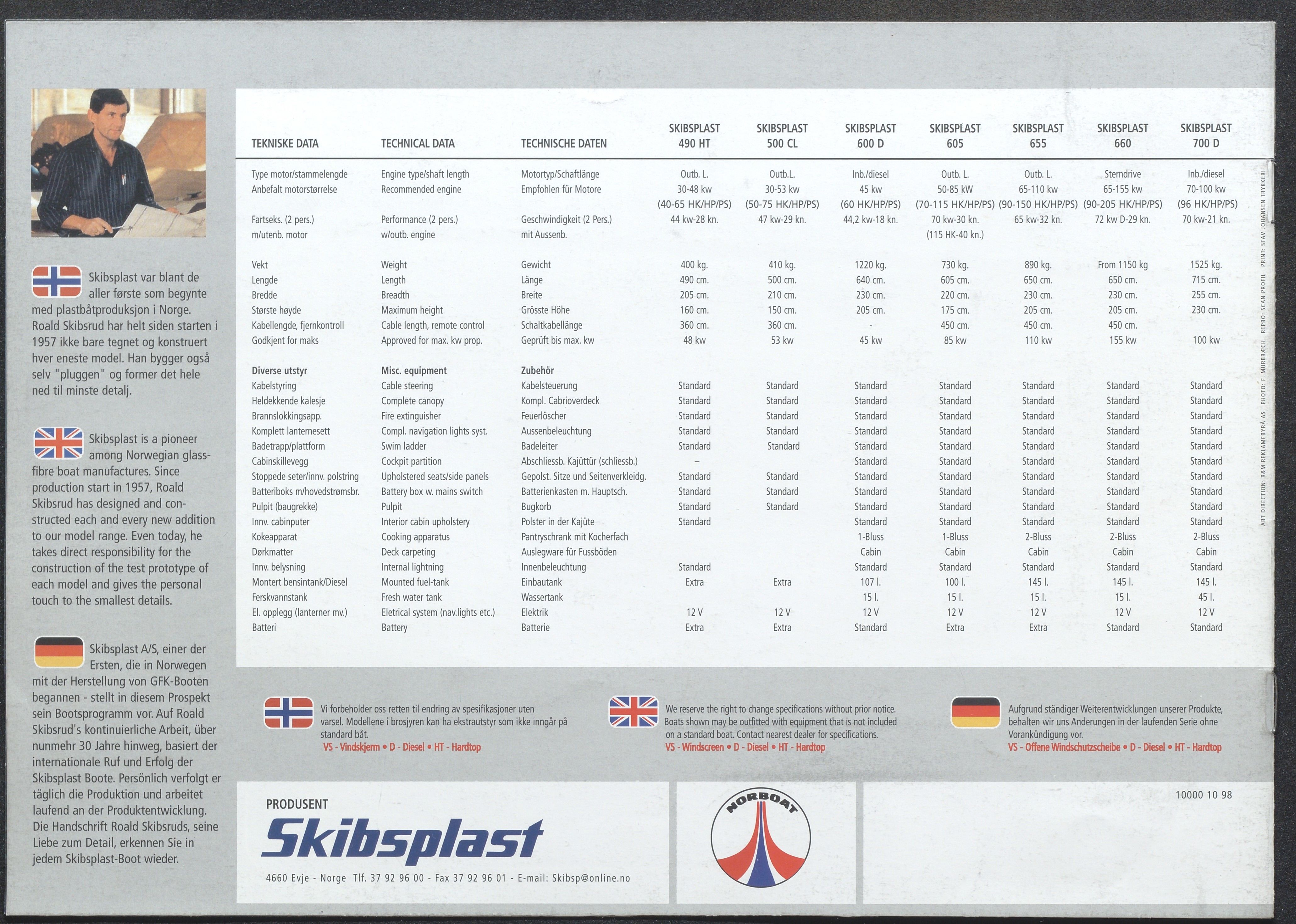 Skibsplast, AAKS/PA-2968/01/X/X01/L0001/0028: Brosjyrer / Skibsplast 660/655 (1996/97-fortsatt i produksjon i 2014). Skibsplast 605 (1997-fortsatt i produksjon i 2014). Skibsplast 500 (1994-2005). Skibsplast 490 (1982-2000). Skibsplast 600 D (1992-2000). Skibsplast 700 D (1993-2000)., 1992-2000