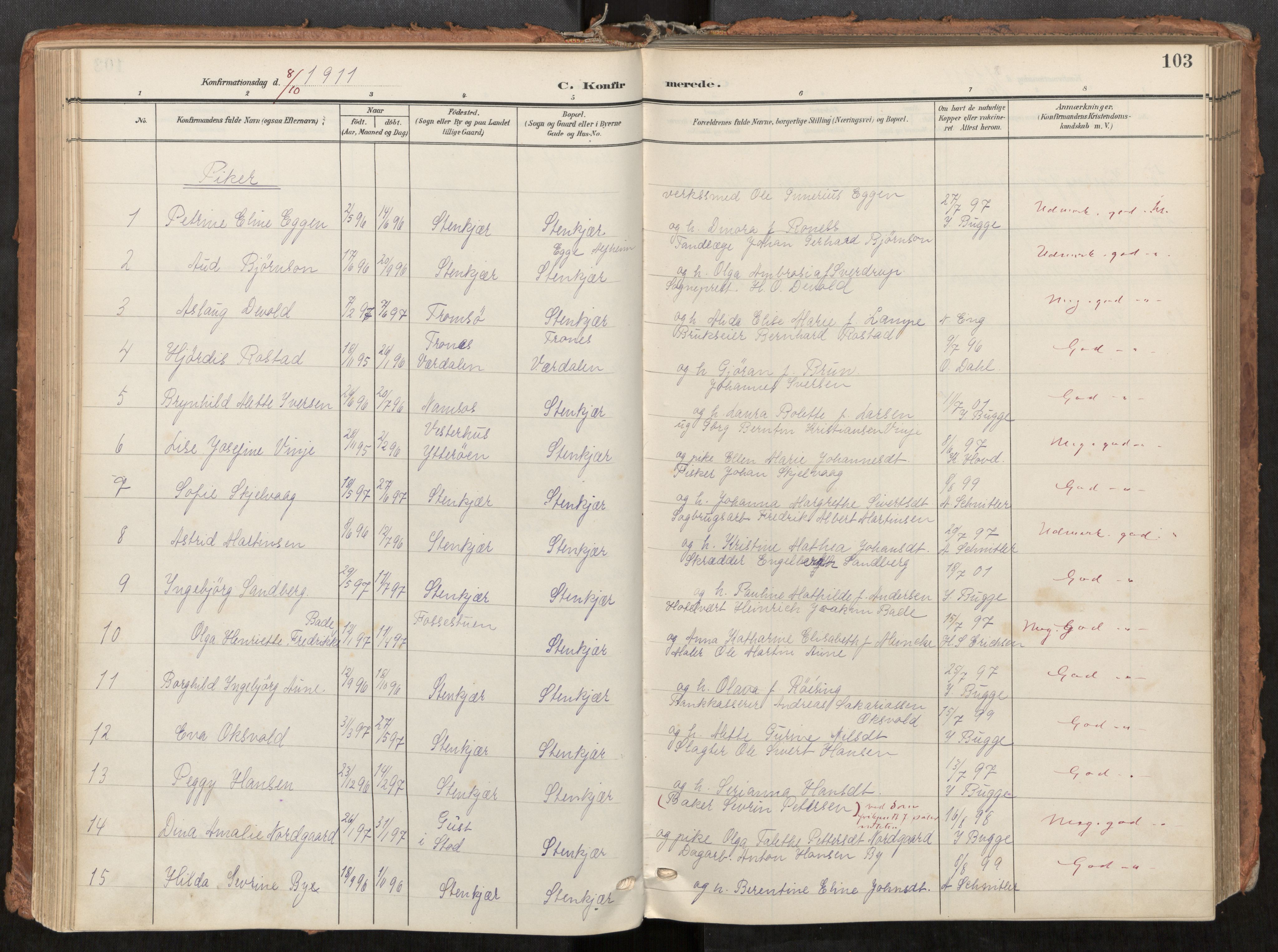 Steinkjer sokneprestkontor, AV/SAT-A-1541/01/H/Ha/Haa/L0001: Parish register (official) no. 1, 1904-1912, p. 103