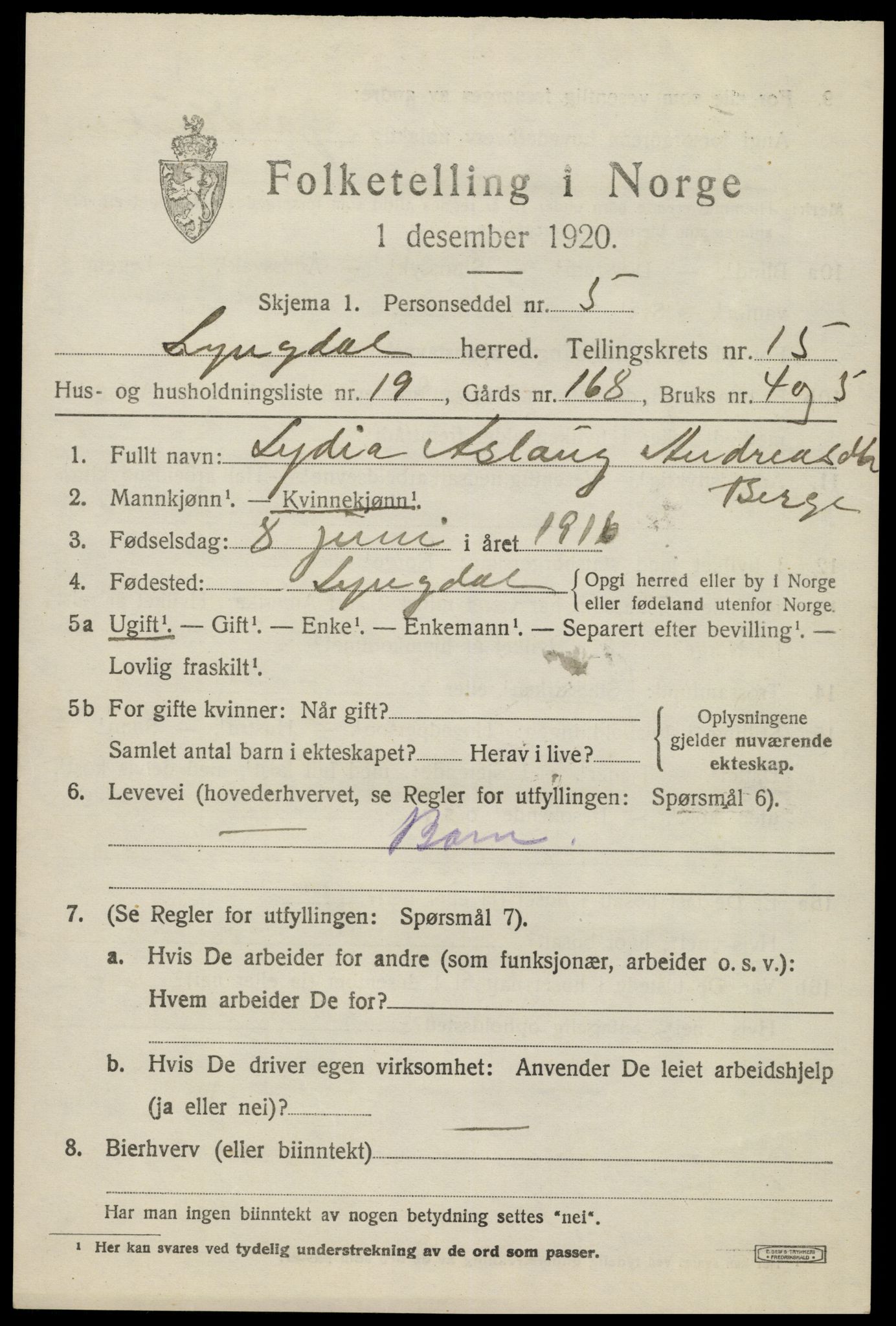 SAK, 1920 census for Lyngdal, 1920, p. 6489