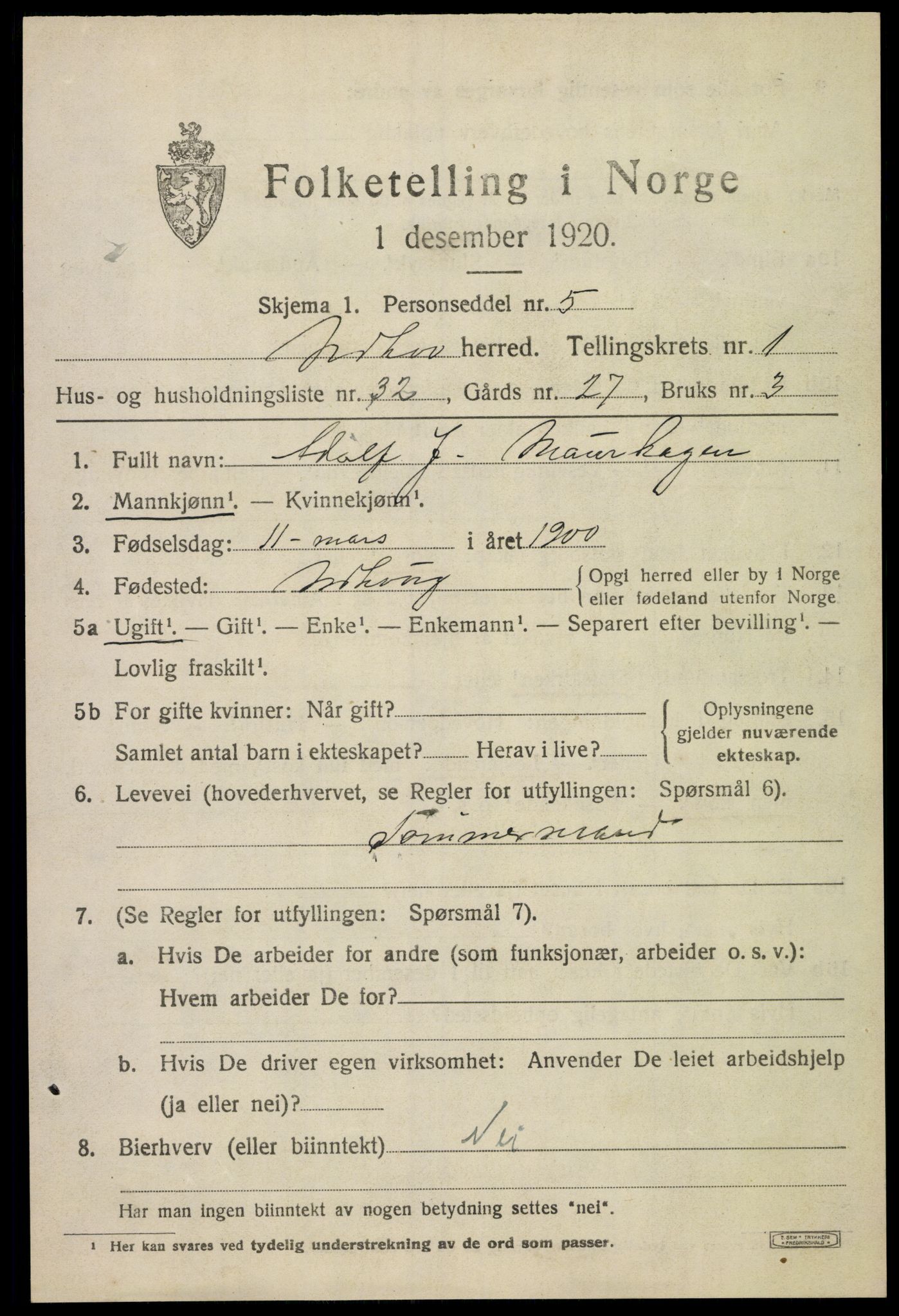 SAKO, 1920 census for Norderhov, 1920, p. 3852