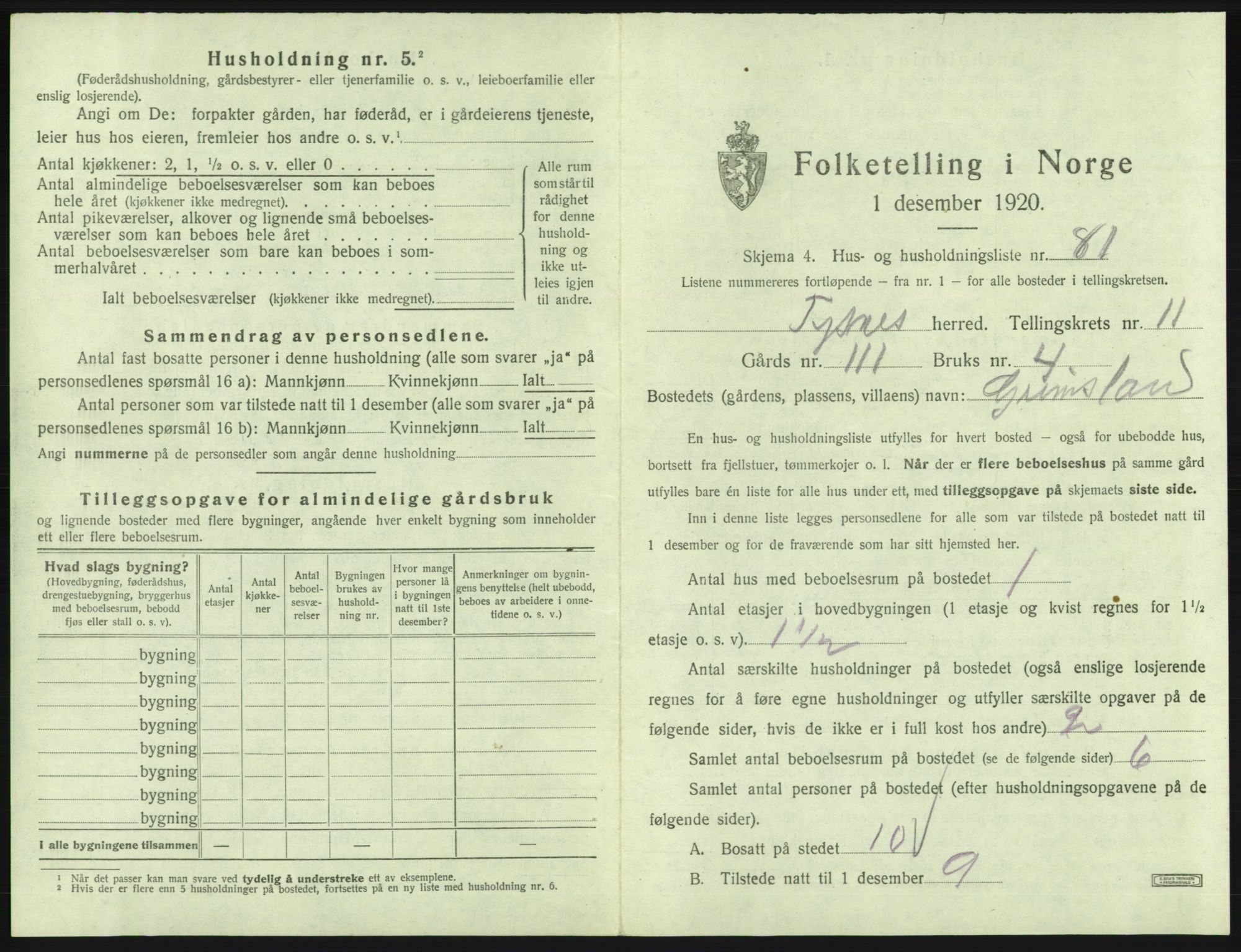 SAB, 1920 census for Tysnes, 1920, p. 1212