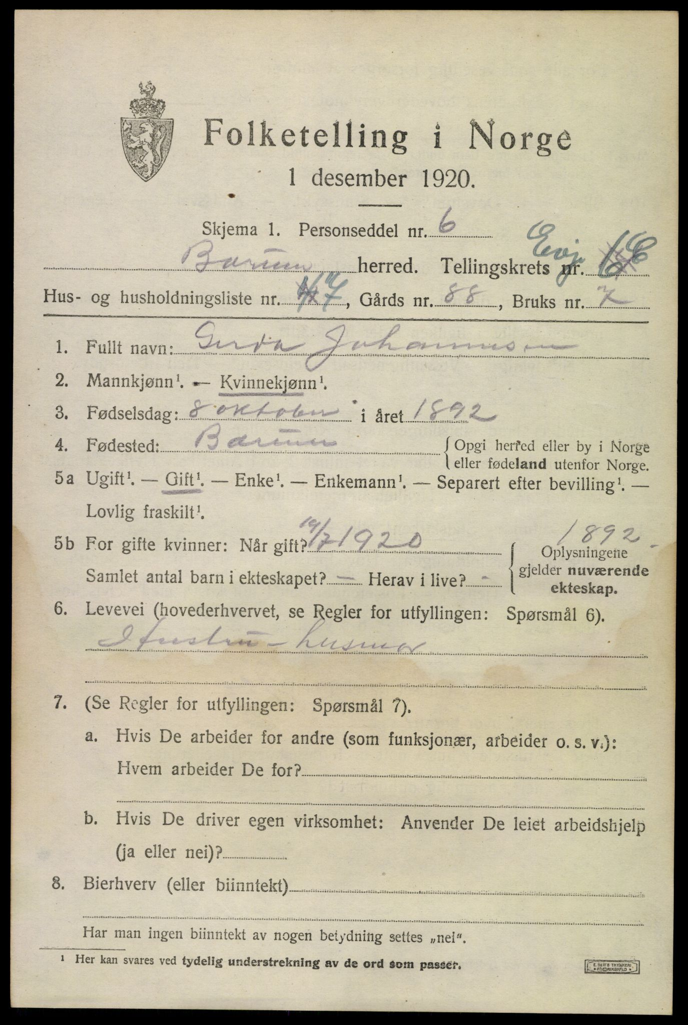 SAO, 1920 census for Bærum, 1920, p. 15640