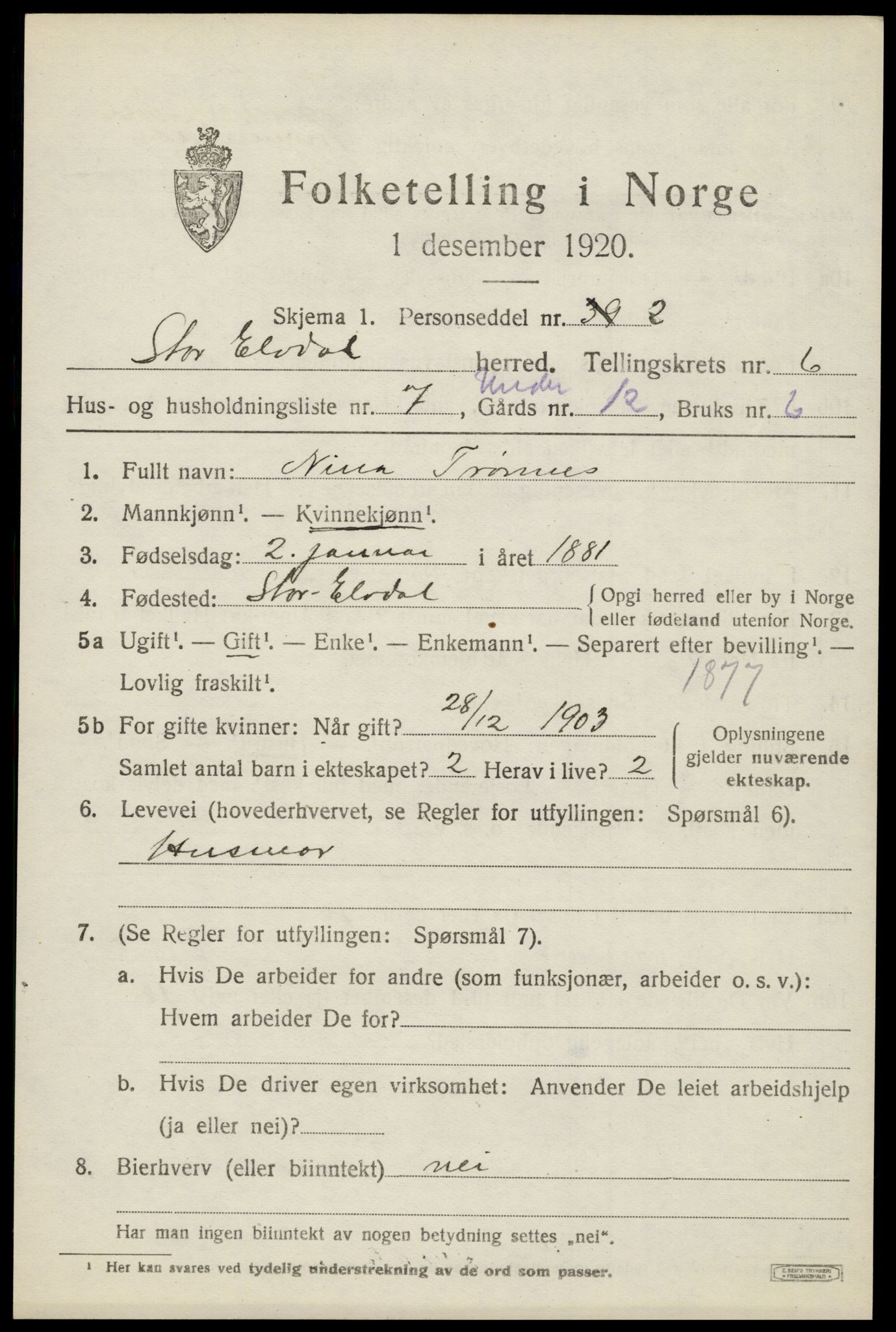 SAH, 1920 census for Stor-Elvdal, 1920, p. 4986