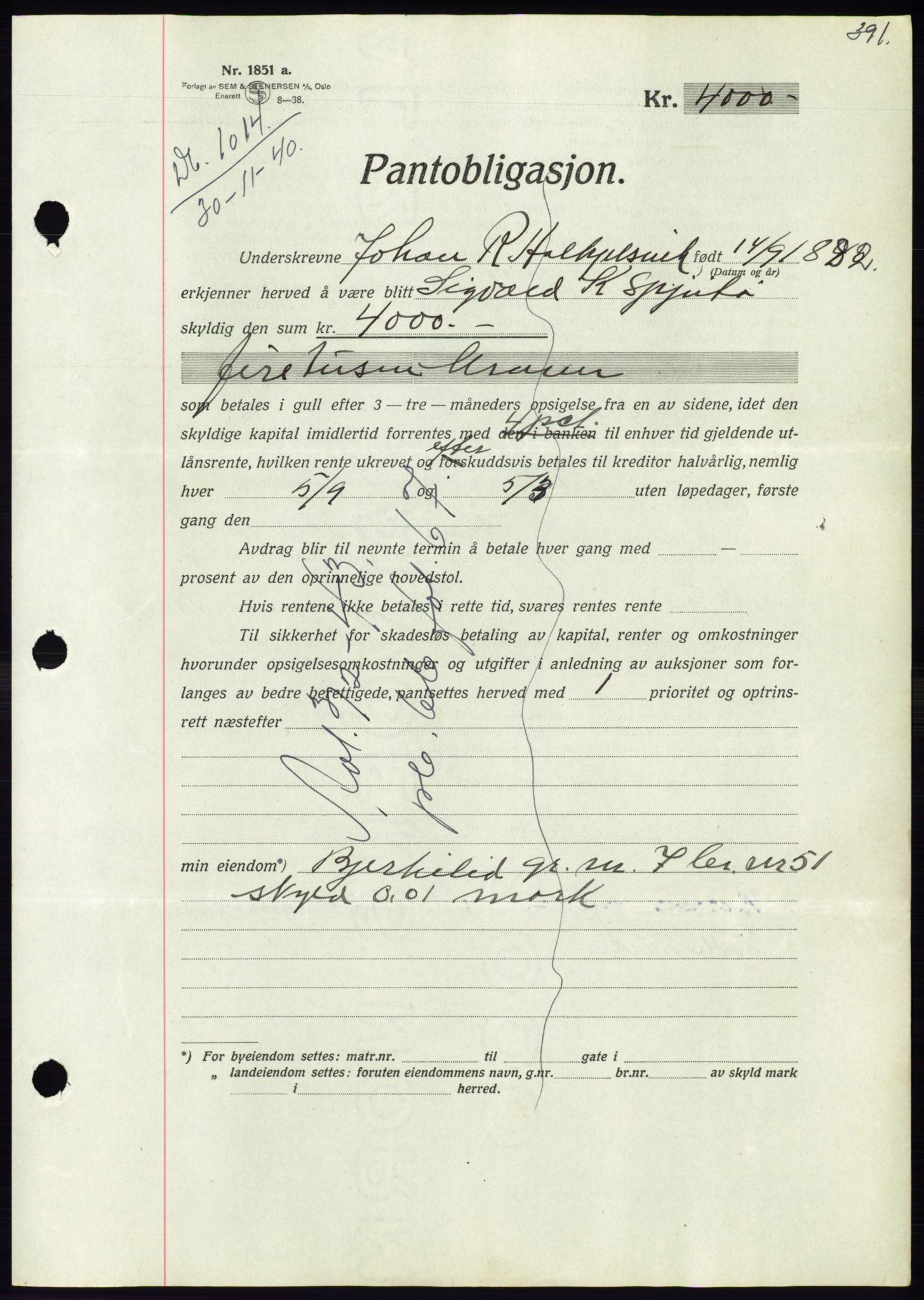 Søre Sunnmøre sorenskriveri, AV/SAT-A-4122/1/2/2C/L0070: Mortgage book no. 64, 1940-1941, Diary no: : 1014/1940