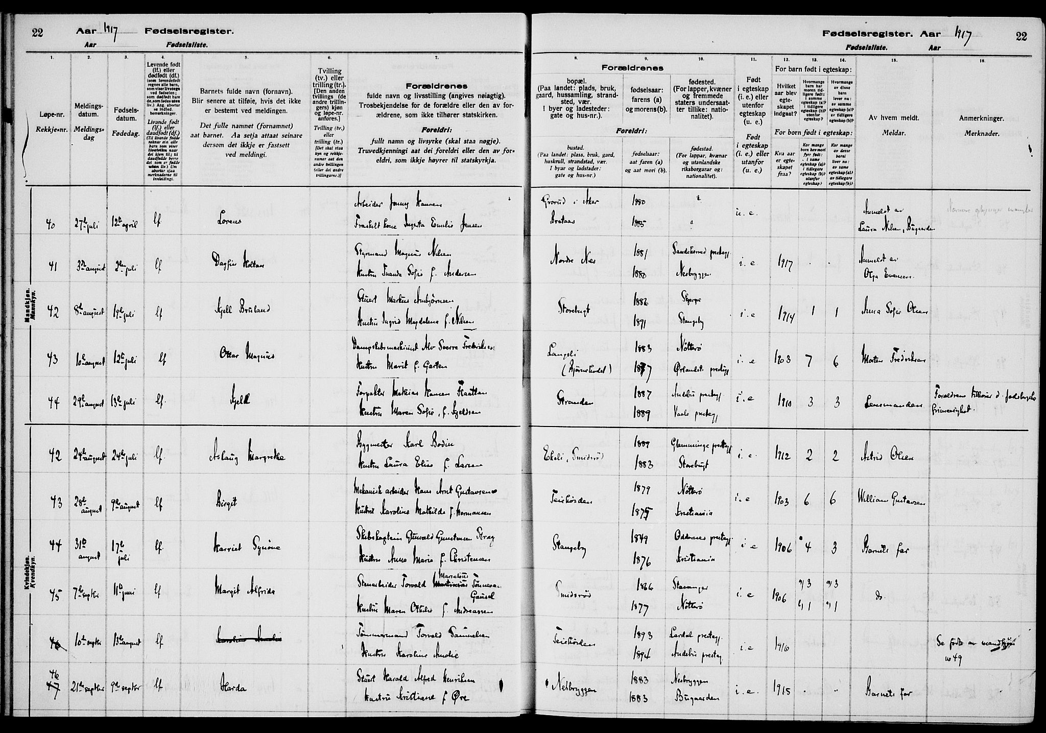 Nøtterøy kirkebøker, AV/SAKO-A-354/J/Ja/L0001: Birth register no. 1, 1916-1928, p. 22