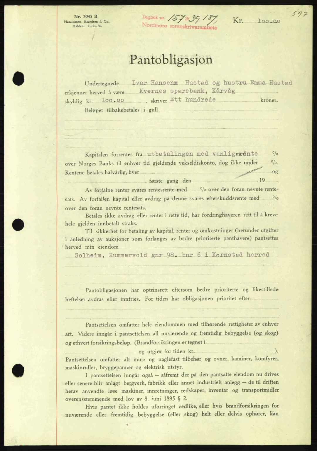 Nordmøre sorenskriveri, SAT/A-4132/1/2/2Ca: Mortgage book no. B84, 1938-1939, Diary no: : 157/1939