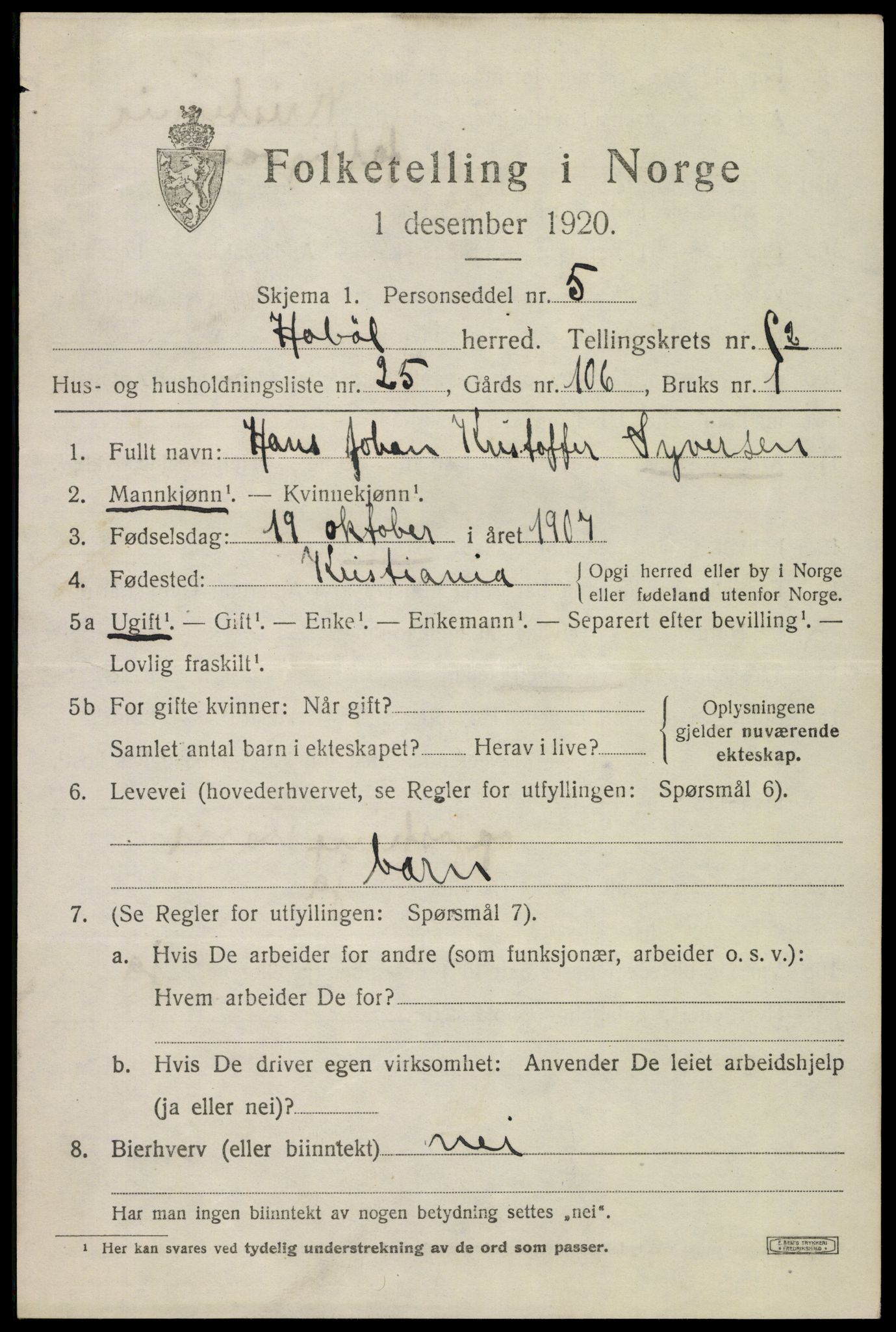 SAO, 1920 census for Hobøl, 1920, p. 2790