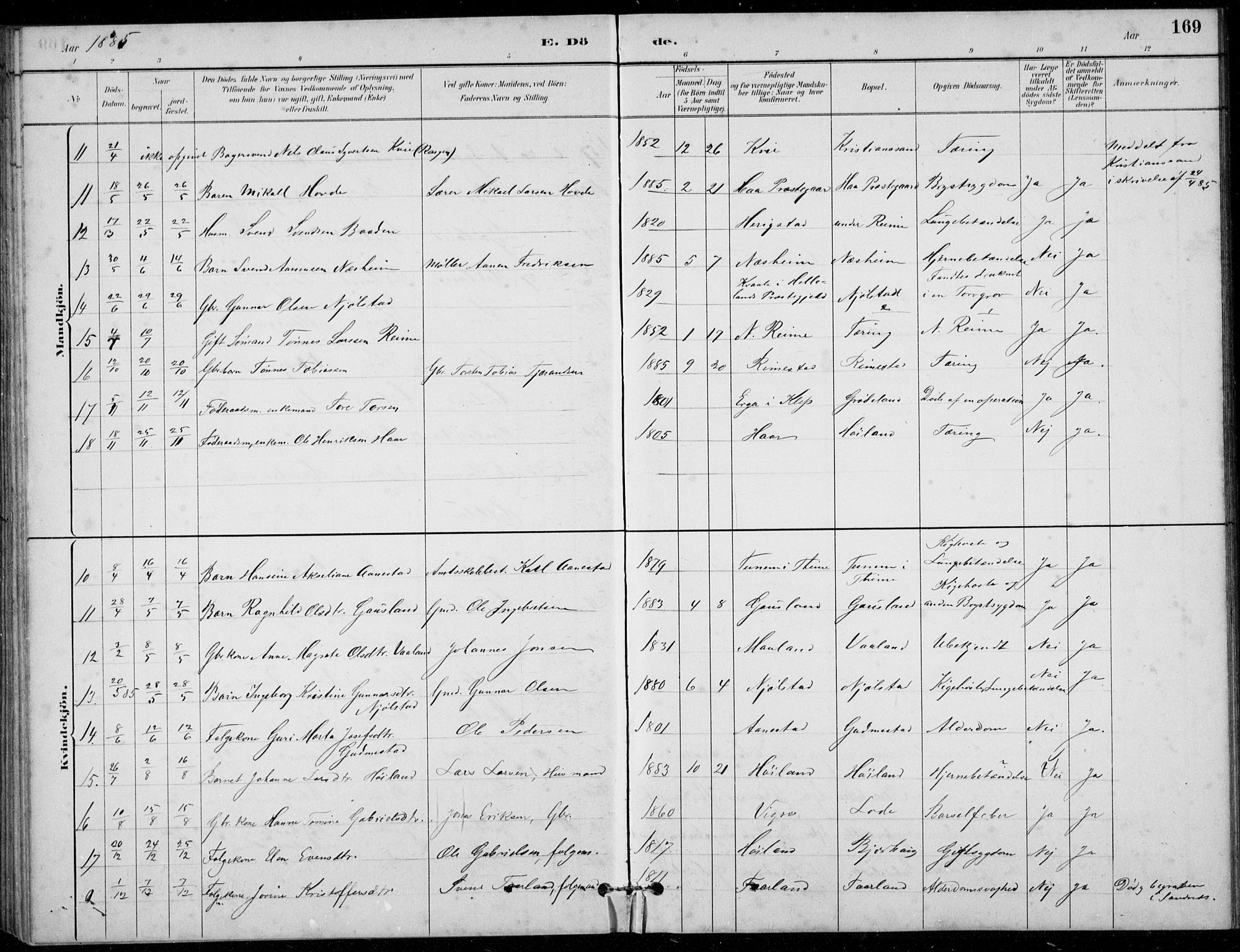 Hå sokneprestkontor, AV/SAST-A-101801/001/30BB/L0003: Parish register (copy) no. B 3, 1883-1894, p. 169