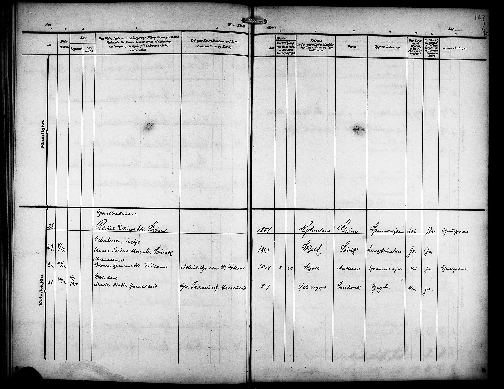 Skjold sokneprestkontor, AV/SAST-A-101847/H/Ha/Hab/L0008: Parish register (copy) no. B 8, 1906-1920, p. 147