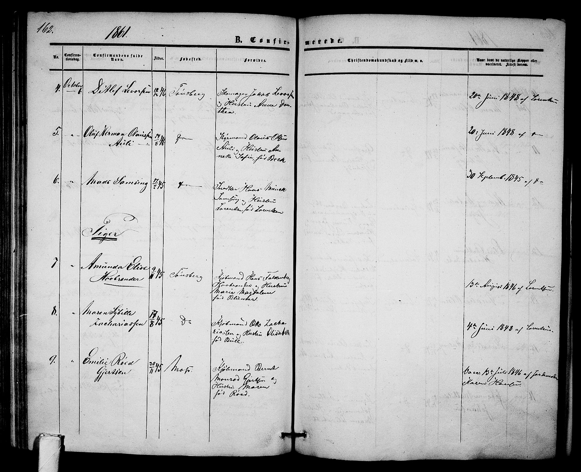 Tønsberg kirkebøker, SAKO/A-330/G/Ga/L0003: Parish register (copy) no. 3, 1855-1864, p. 162
