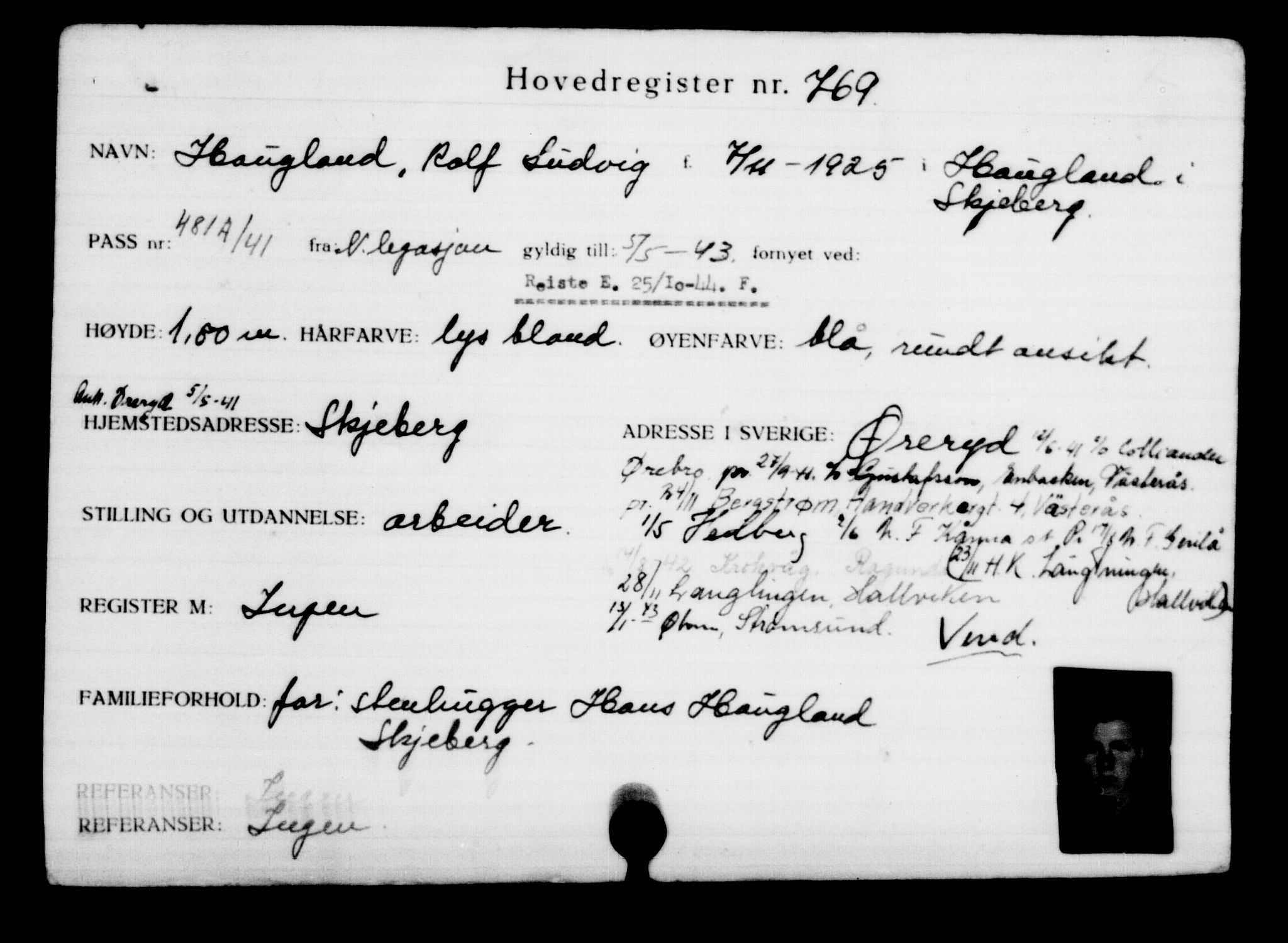 Utenriksstasjonene, Legasjonen i Stockholm, Flyktningkontoret, AV/RA-S-6753/V/Va/L0001: Kjesäterkartoteket, flyktninger med registreringsnr. 1-1000, 1940-1945, p. 1216