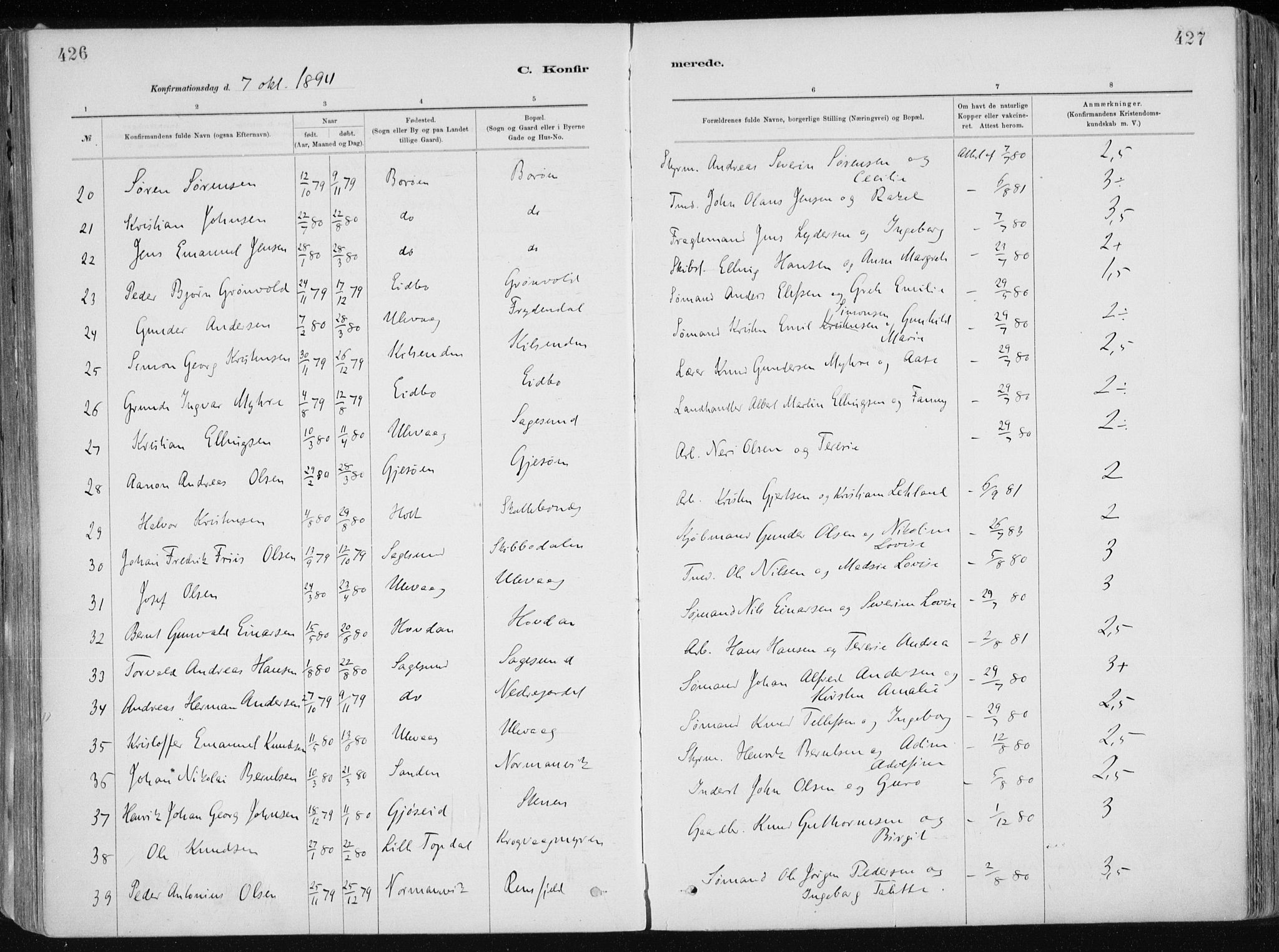 Dypvåg sokneprestkontor, AV/SAK-1111-0007/F/Fa/Faa/L0008: Parish register (official) no. A 8, 1885-1906, p. 426-427