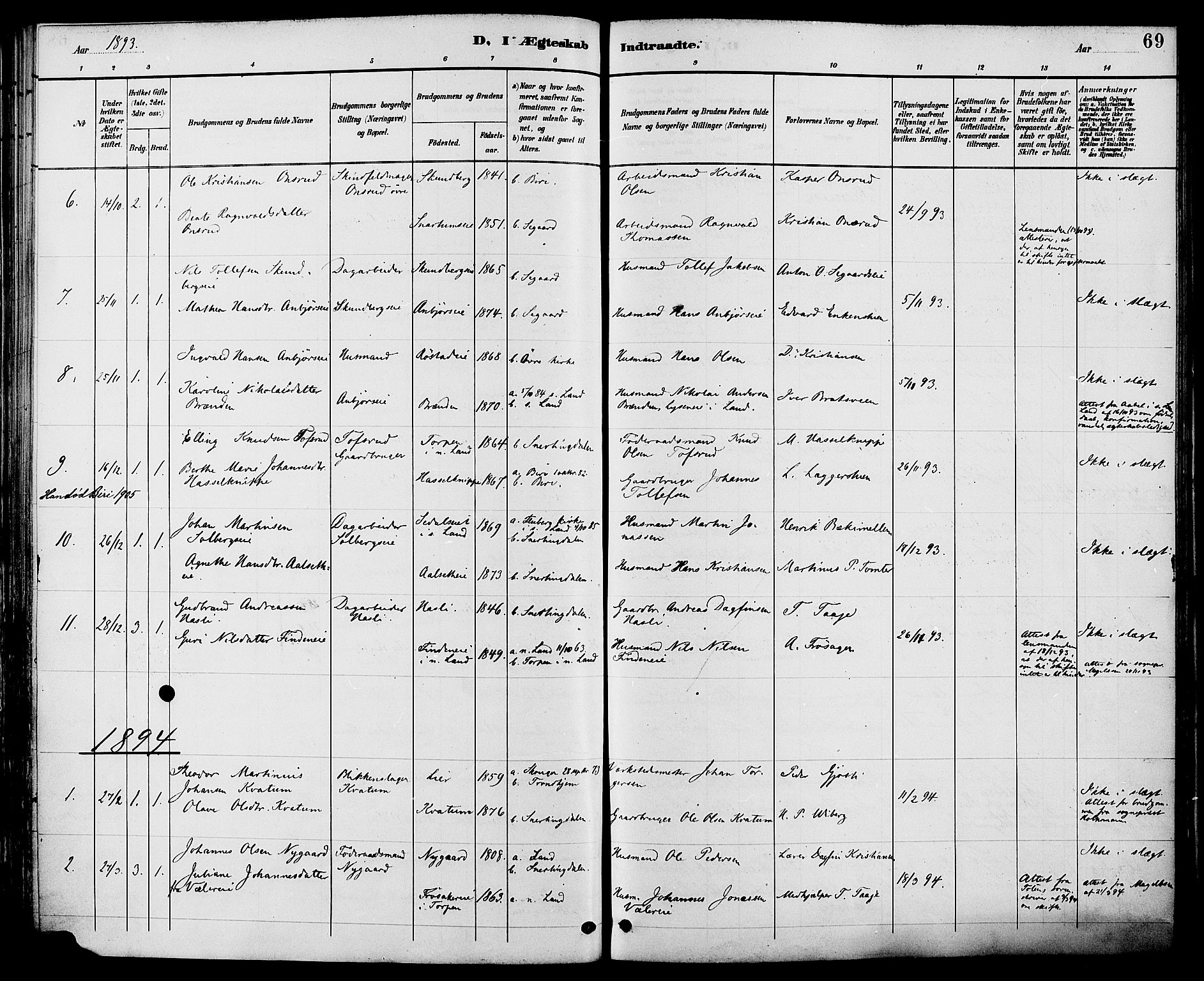 Biri prestekontor, SAH/PREST-096/H/Ha/Haa/L0007: Parish register (official) no. 7, 1887-1893, p. 69