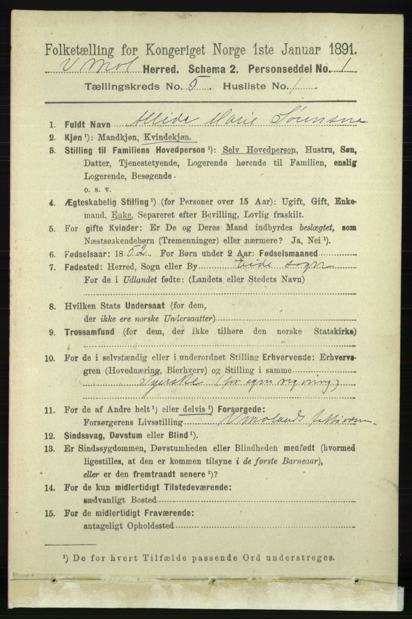 RA, 1891 census for 0926 Vestre Moland, 1891, p. 1843