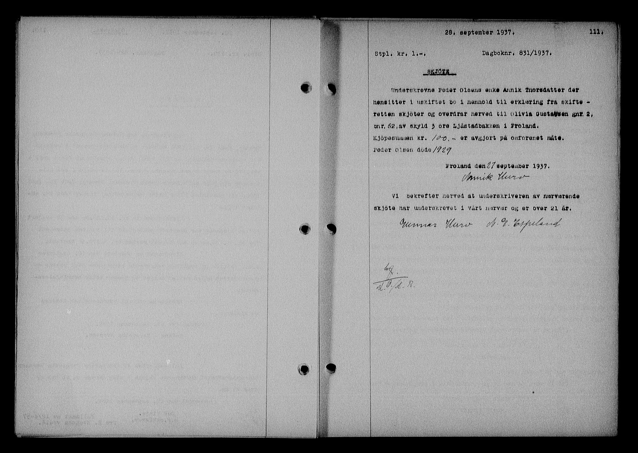 Nedenes sorenskriveri, SAK/1221-0006/G/Gb/Gba/L0044: Mortgage book no. 40, 1937-1938, Diary no: : 831/1937