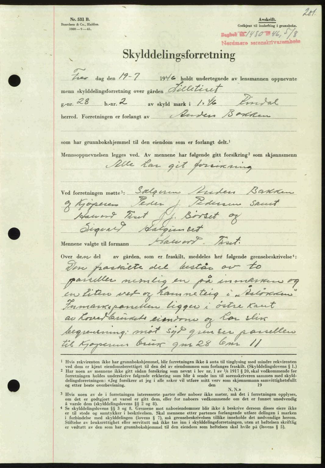 Nordmøre sorenskriveri, AV/SAT-A-4132/1/2/2Ca: Mortgage book no. A102, 1946-1946, Diary no: : 1480/1946