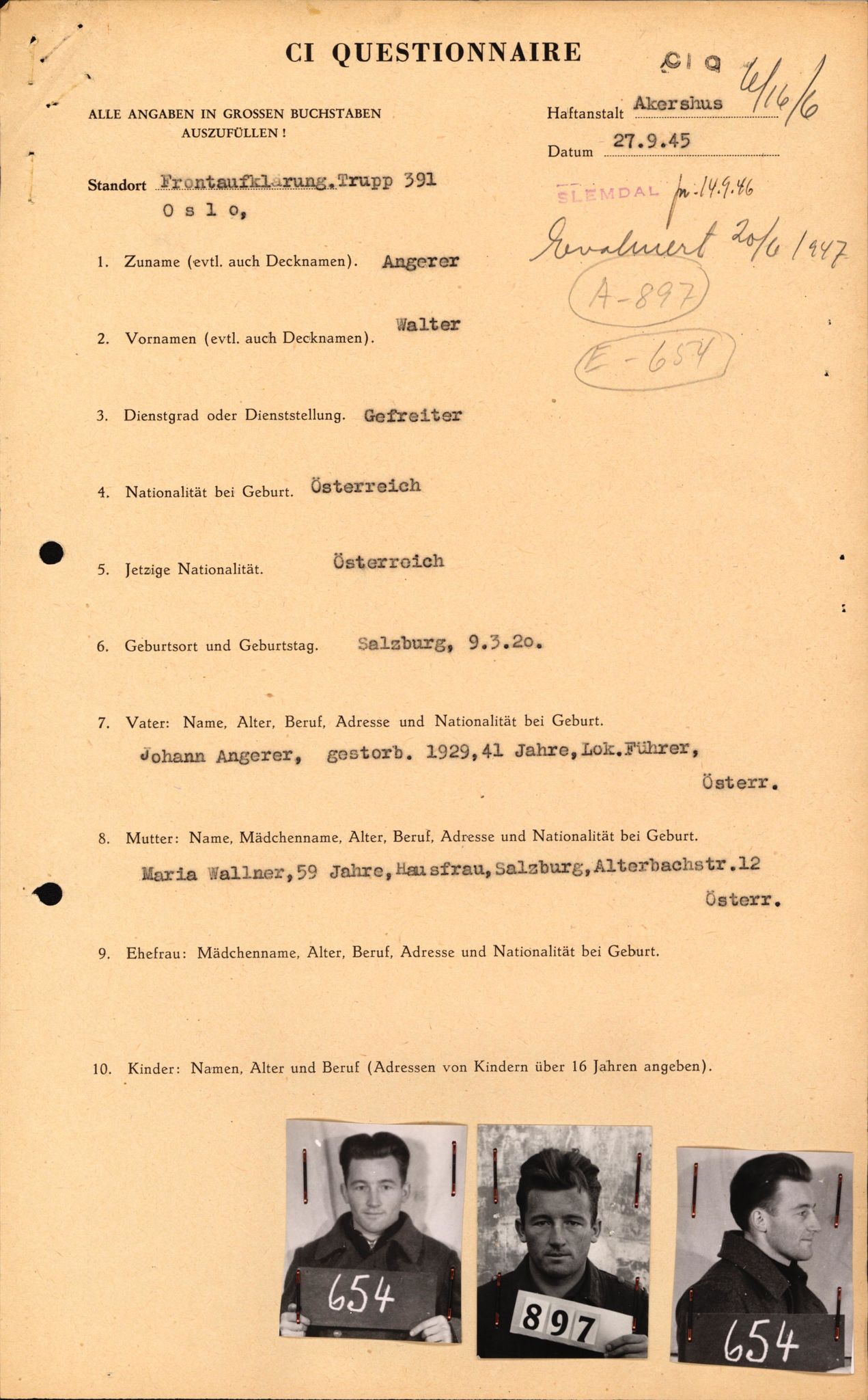 Forsvaret, Forsvarets overkommando II, AV/RA-RAFA-3915/D/Db/L0038: CI Questionaires. Tyske okkupasjonsstyrker i Norge. Østerrikere., 1945-1946, p. 19