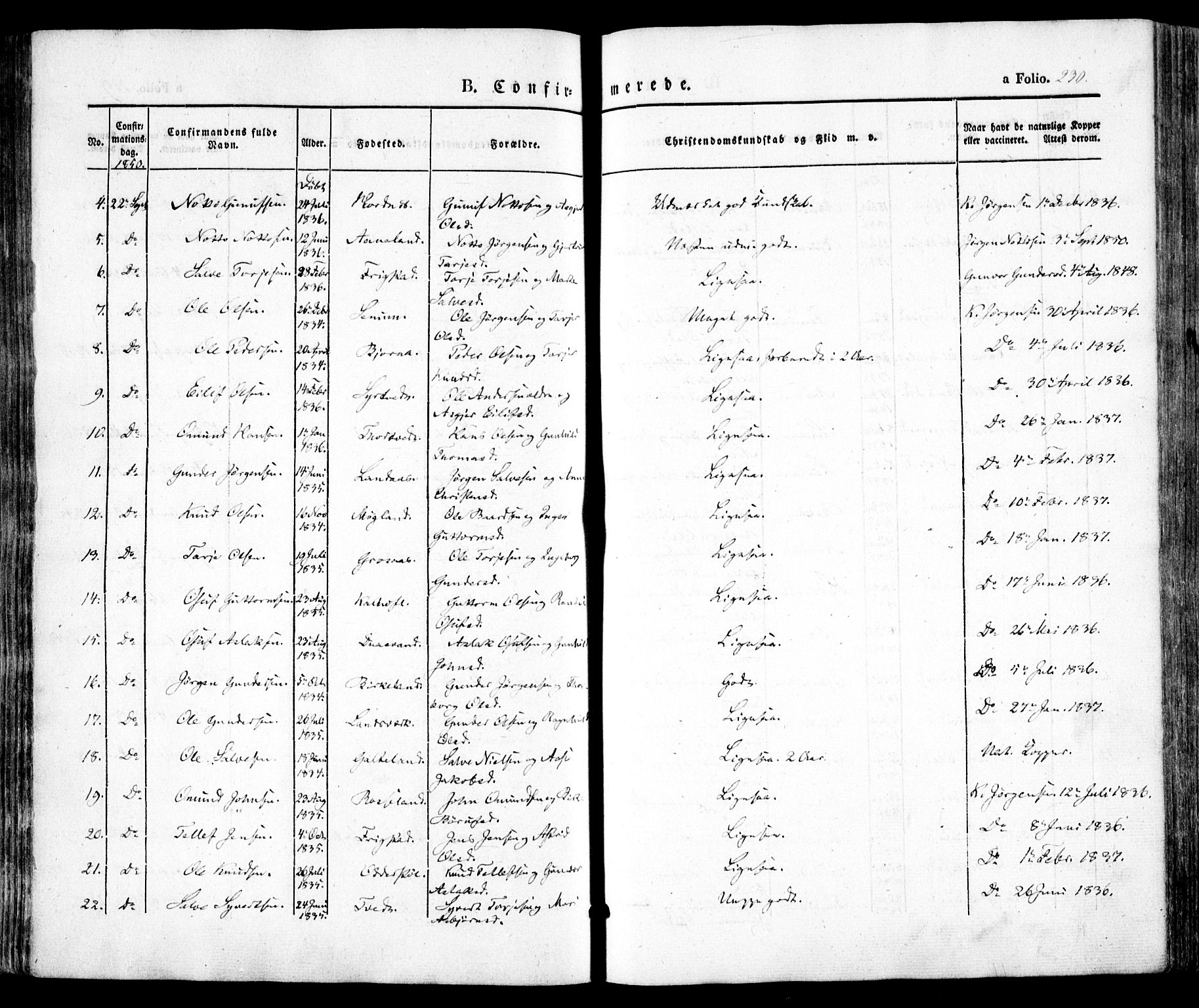 Evje sokneprestkontor, AV/SAK-1111-0008/F/Fa/Faa/L0005: Parish register (official) no. A 5, 1843-1865, p. 230