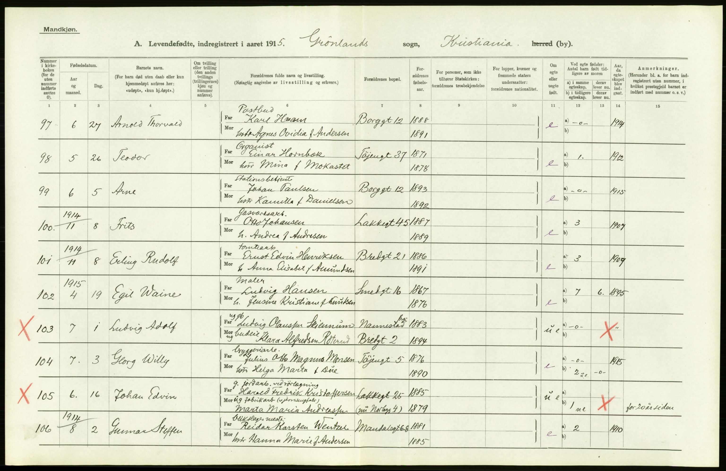 Statistisk sentralbyrå, Sosiodemografiske emner, Befolkning, AV/RA-S-2228/D/Df/Dfb/Dfbe/L0006: Kristiania: Levendefødte menn og kvinner., 1915, p. 698