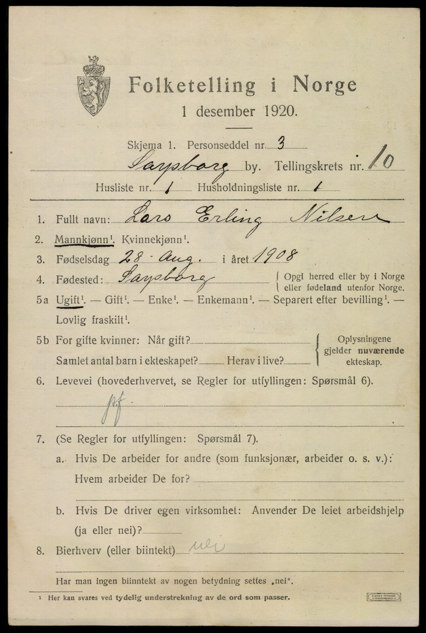 SAO, 1920 census for Sarpsborg, 1920, p. 20742