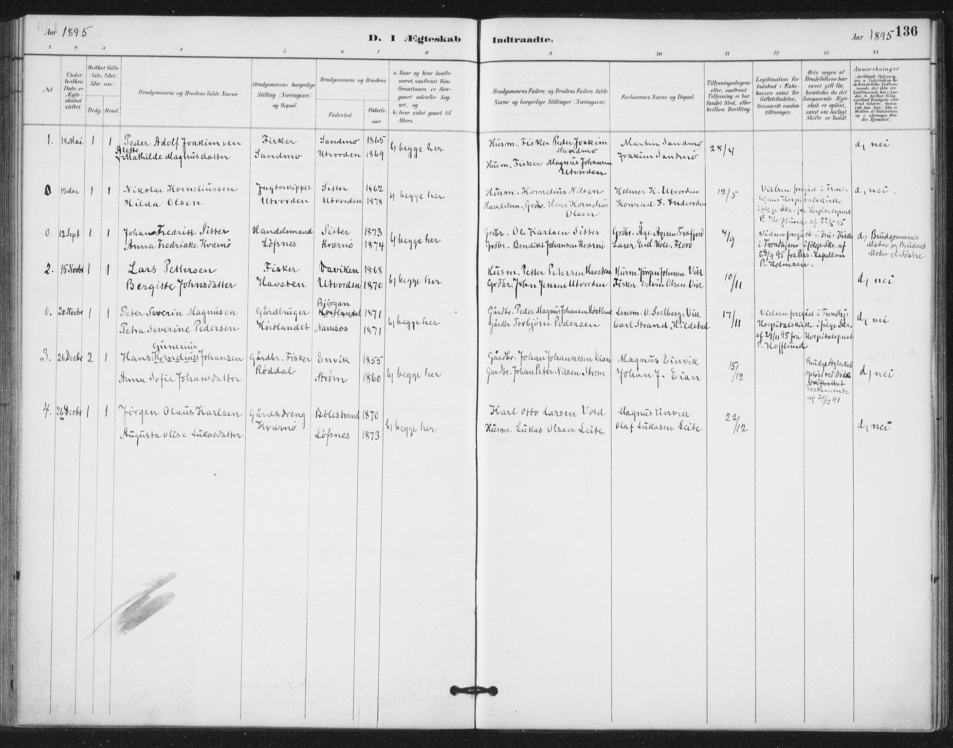 Ministerialprotokoller, klokkerbøker og fødselsregistre - Nord-Trøndelag, AV/SAT-A-1458/772/L0603: Parish register (official) no. 772A01, 1885-1912, p. 136