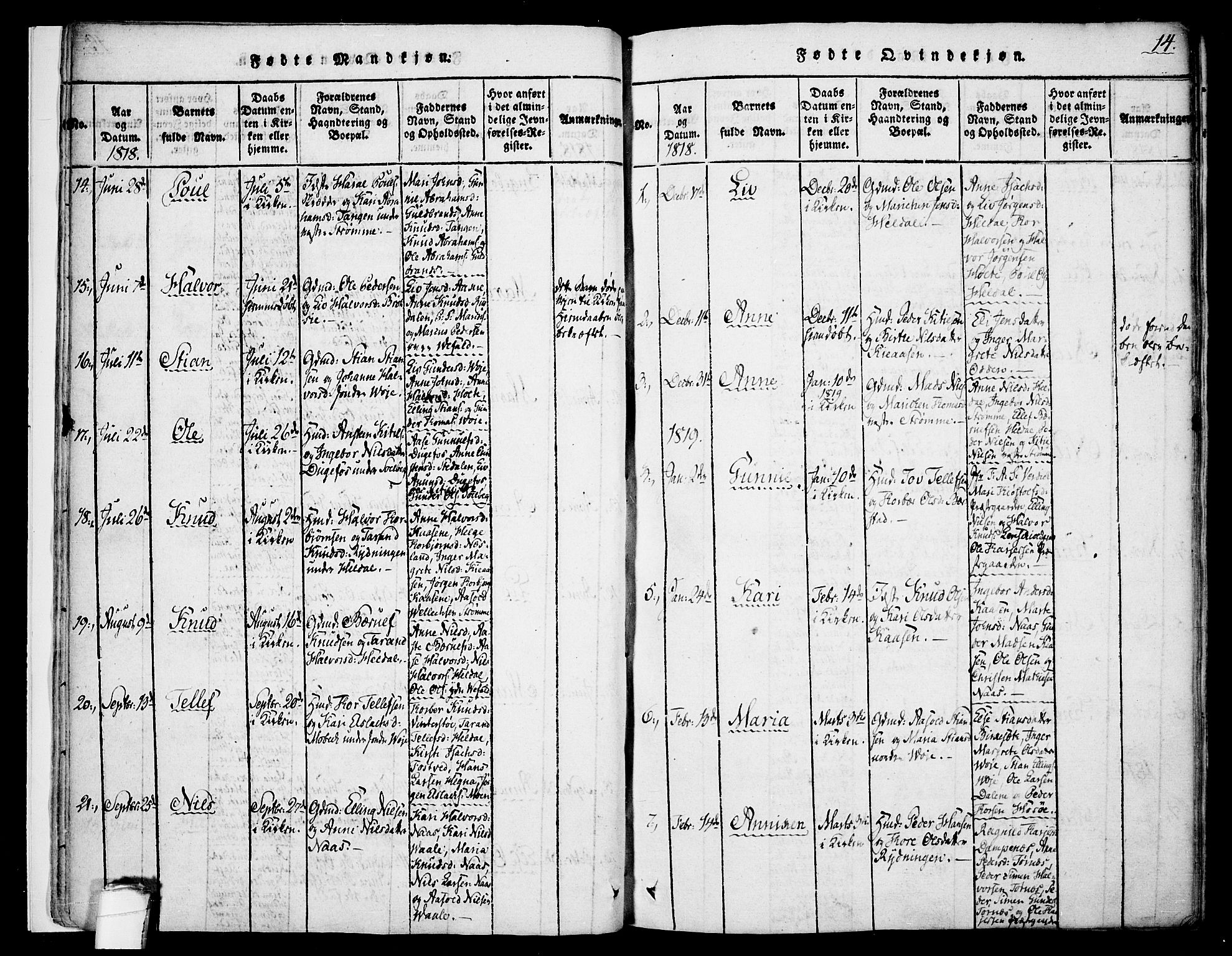 Drangedal kirkebøker, AV/SAKO-A-258/F/Fa/L0005: Parish register (official) no. 5 /1, 1814-1831, p. 14