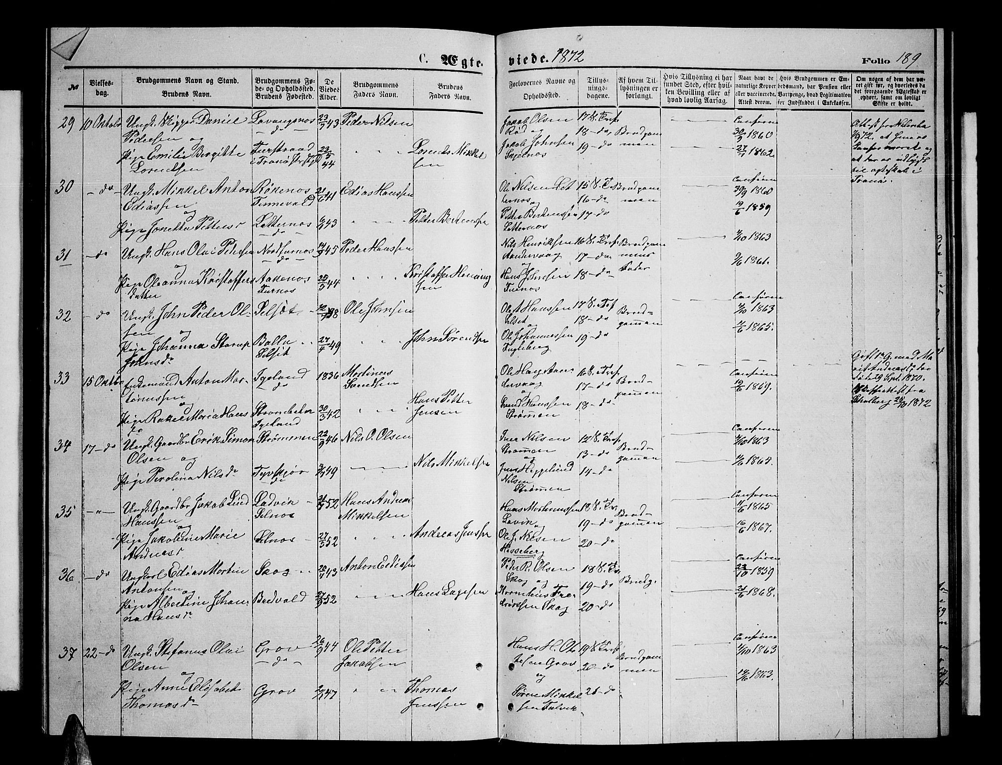Ibestad sokneprestembete, SATØ/S-0077/H/Ha/Hab/L0006klokker: Parish register (copy) no. 6, 1871-1879, p. 189