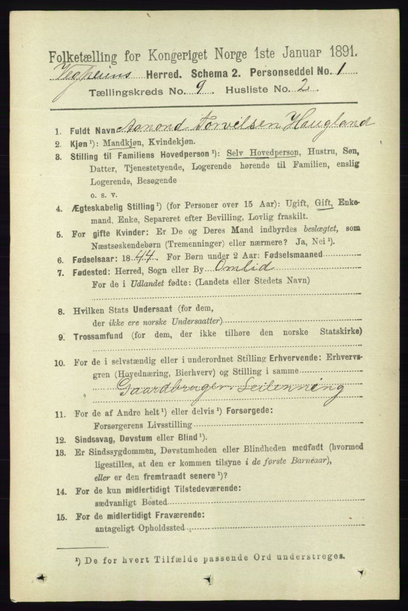 RA, 1891 census for 0912 Vegårshei, 1891, p. 1739