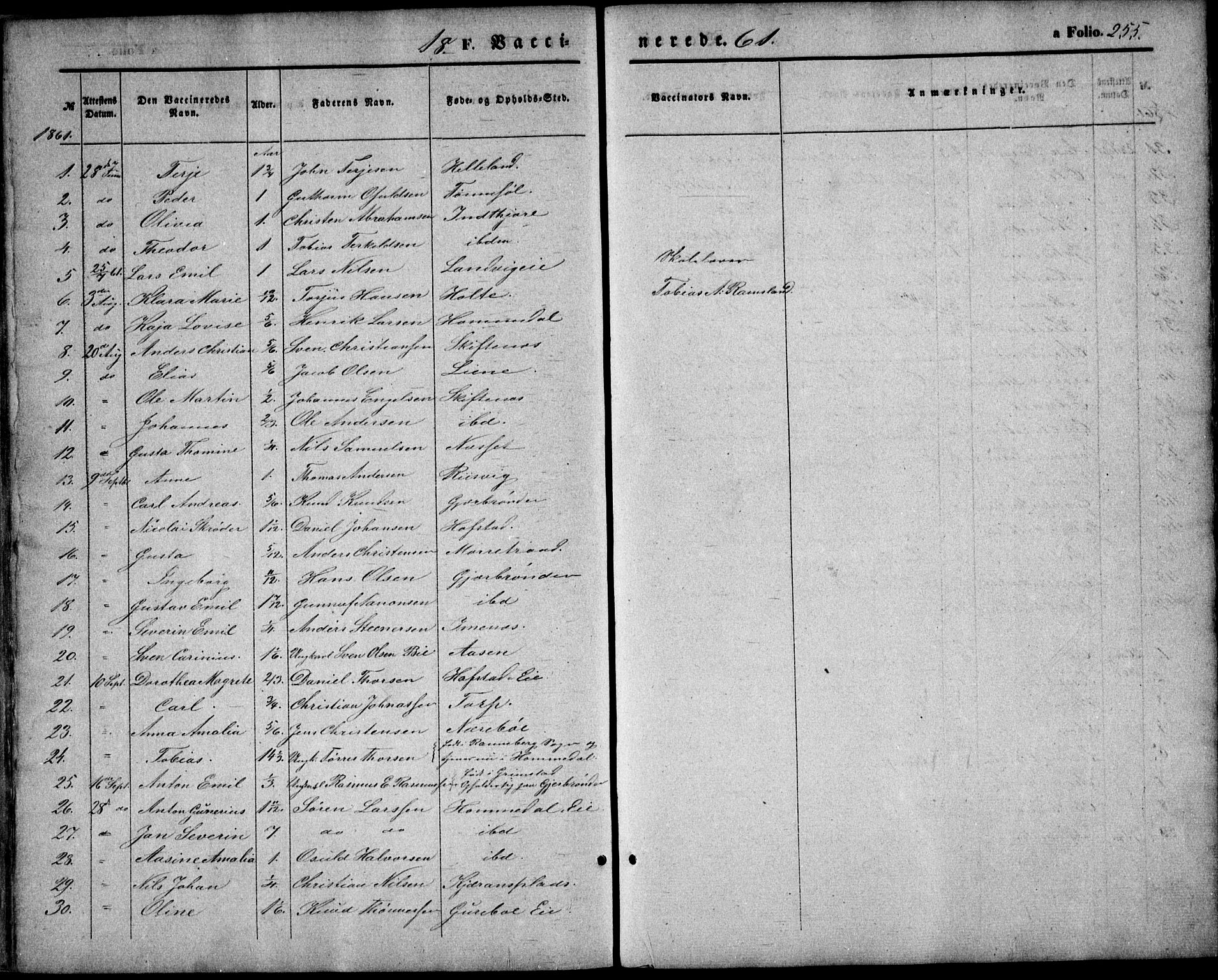 Hommedal sokneprestkontor, SAK/1111-0023/F/Fa/Fab/L0005: Parish register (official) no. A 5, 1861-1877, p. 255