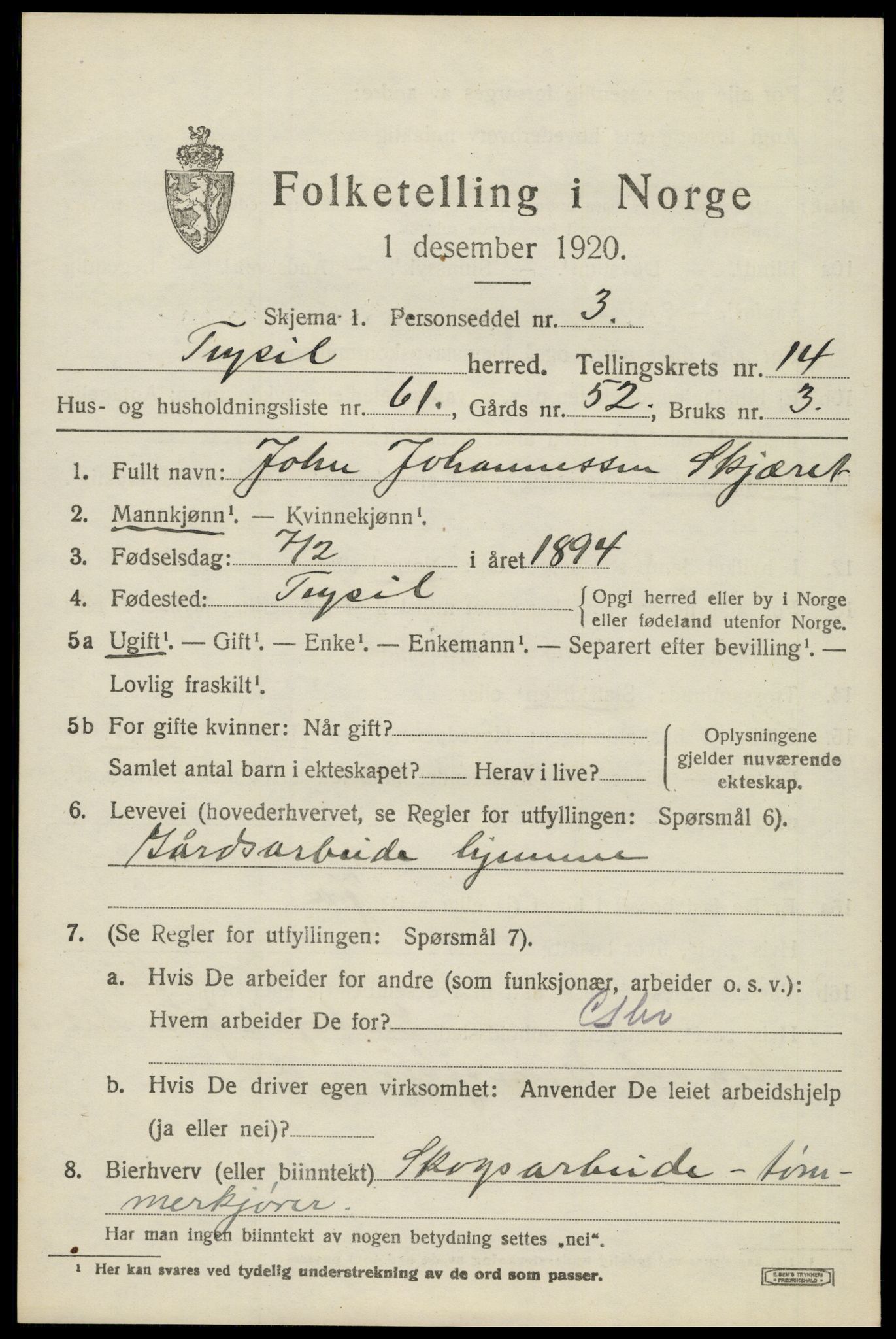 SAH, 1920 census for Trysil, 1920, p. 8663