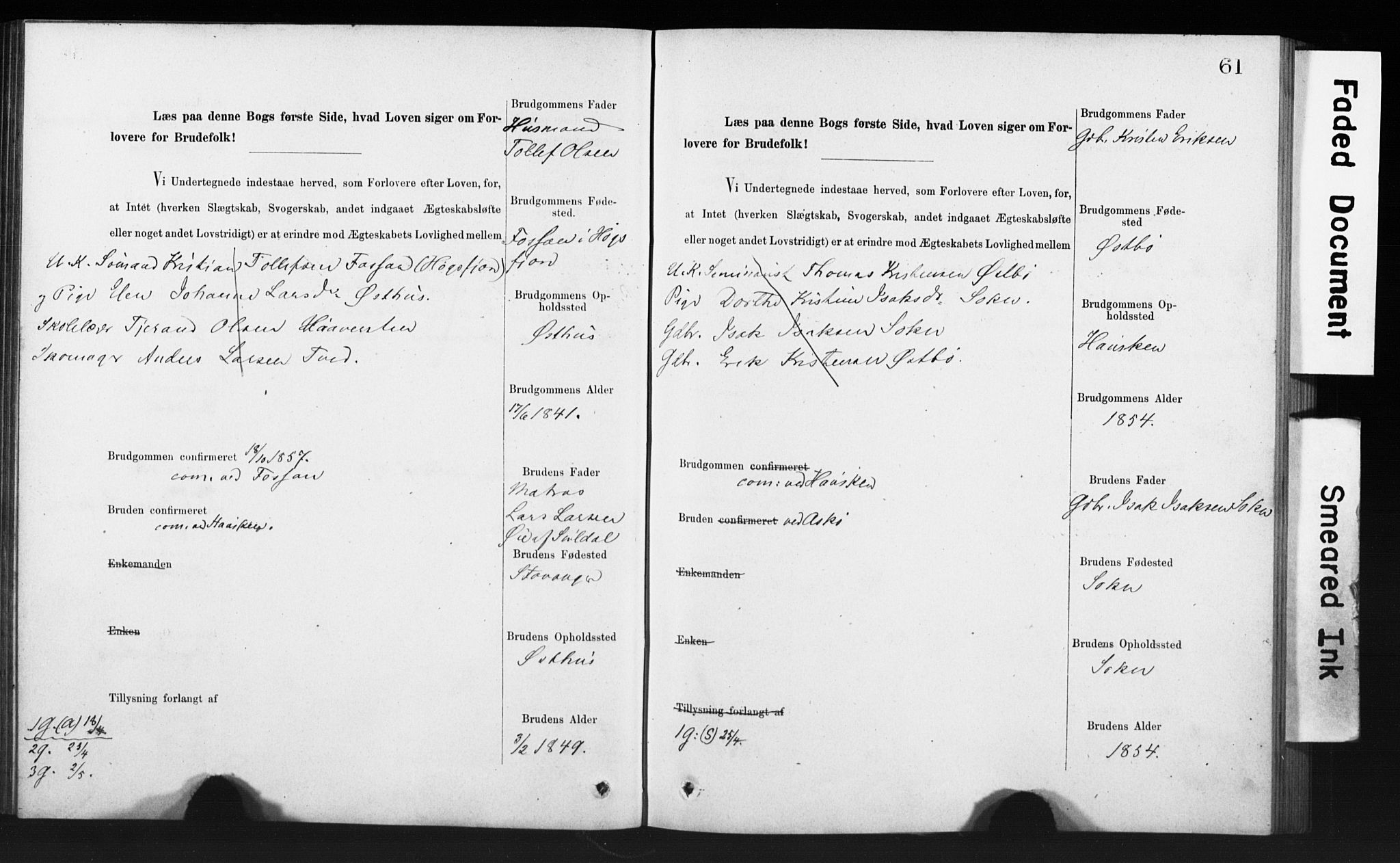 Rennesøy sokneprestkontor, AV/SAST-A -101827/I/Ie/L0001: Banns register no. 1, 1873-1898, p. 61