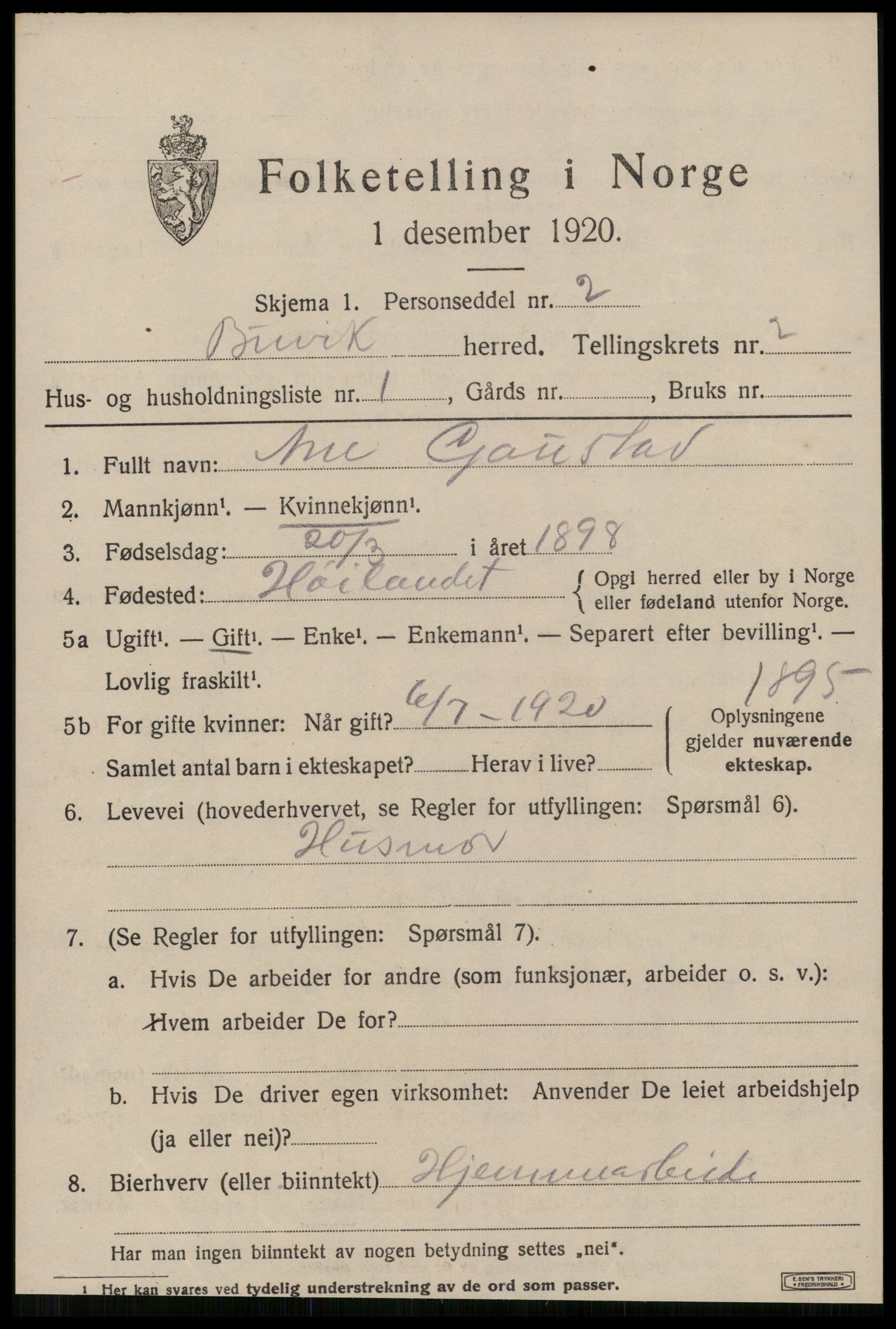 SAT, 1920 census for Buvik, 1920, p. 1230