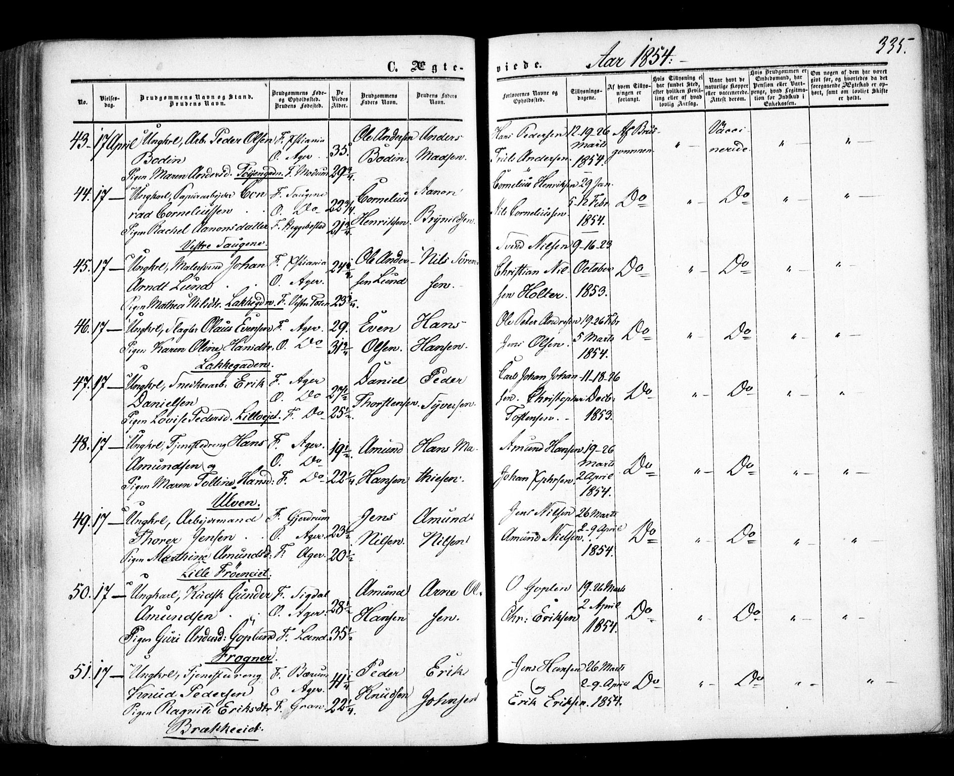 Aker prestekontor kirkebøker, AV/SAO-A-10861/F/L0020: Parish register (official) no. 20, 1853-1857, p. 335