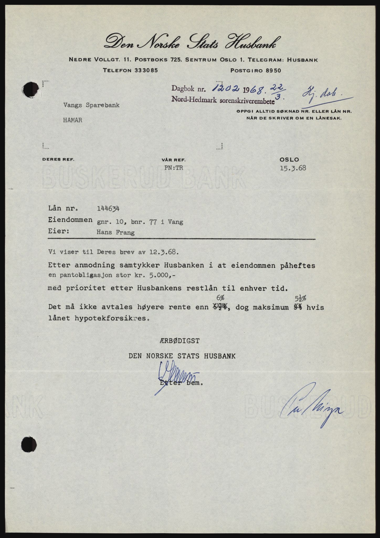 Nord-Hedmark sorenskriveri, SAH/TING-012/H/Hc/L0027: Mortgage book no. 27, 1967-1968, Diary no: : 1202/1968