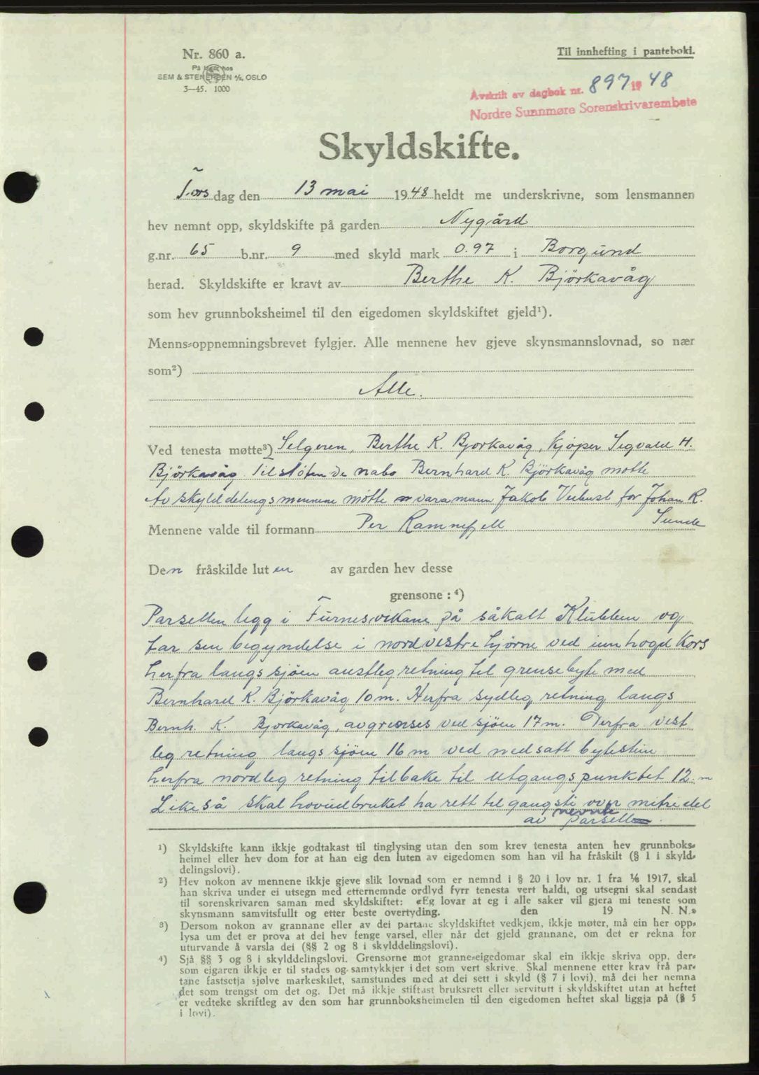 Nordre Sunnmøre sorenskriveri, AV/SAT-A-0006/1/2/2C/2Ca: Mortgage book no. A27, 1948-1948, Diary no: : 897/1948