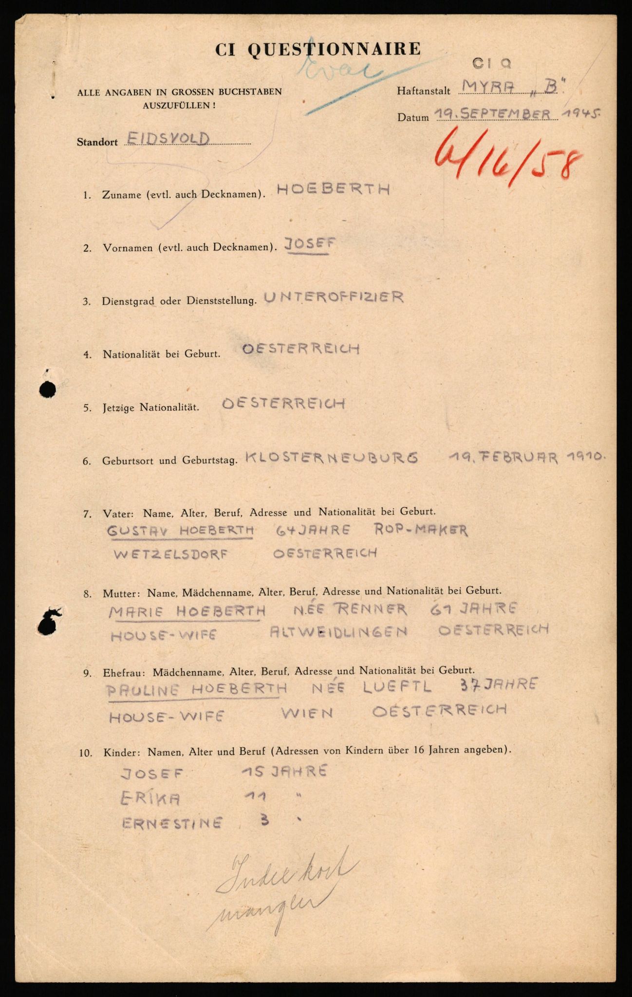 Forsvaret, Forsvarets overkommando II, AV/RA-RAFA-3915/D/Db/L0039: CI Questionaires. Tyske okkupasjonsstyrker i Norge. Østerrikere., 1945-1946, p. 2