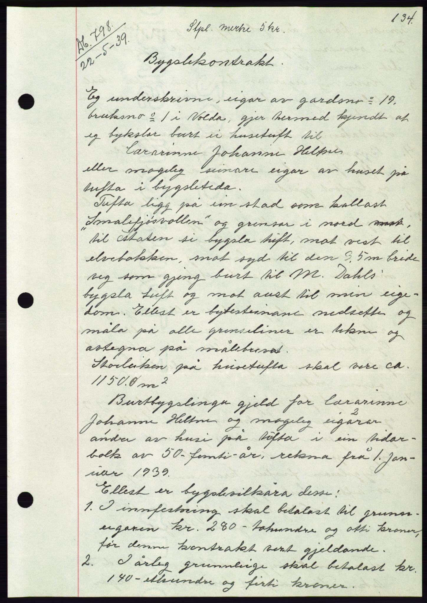 Søre Sunnmøre sorenskriveri, AV/SAT-A-4122/1/2/2C/L0068: Mortgage book no. 62, 1939-1939, Diary no: : 798/1939