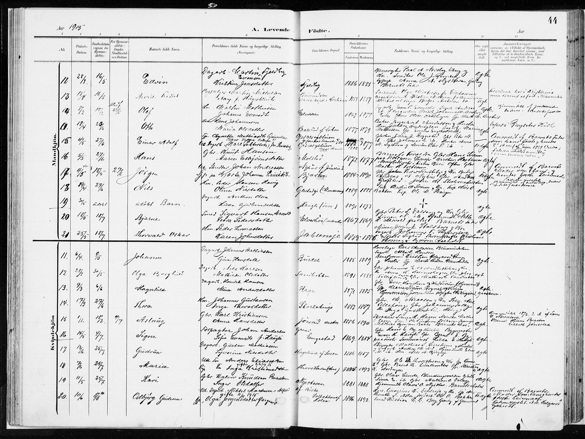 Ringsaker prestekontor, AV/SAH-PREST-014/K/Ka/L0019: Parish register (official) no. 19, 1905-1920, p. 44