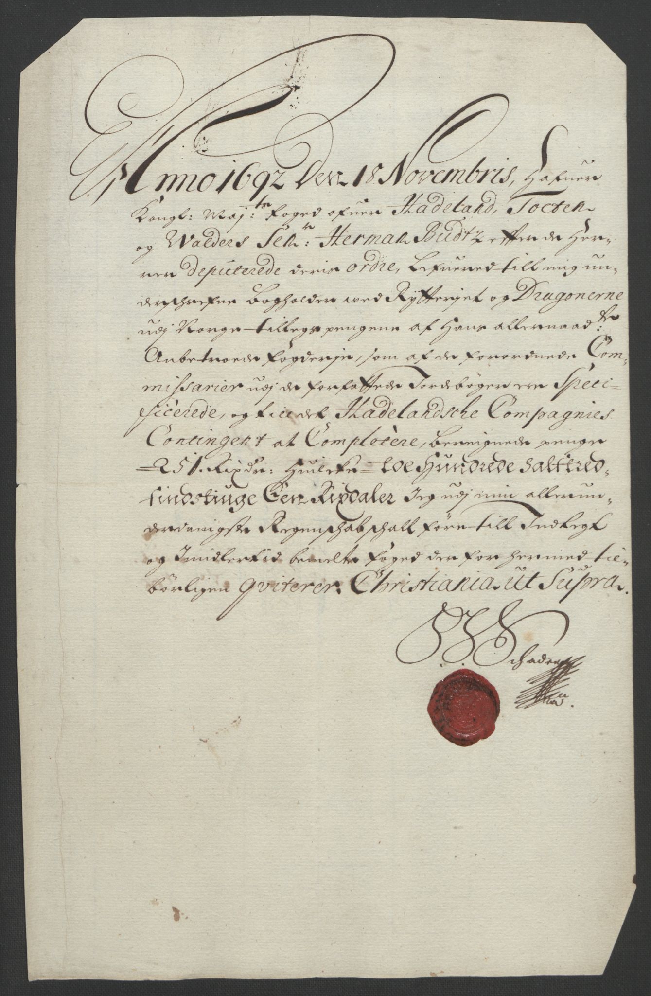 Rentekammeret inntil 1814, Reviderte regnskaper, Fogderegnskap, AV/RA-EA-4092/R18/L1291: Fogderegnskap Hadeland, Toten og Valdres, 1692, p. 180