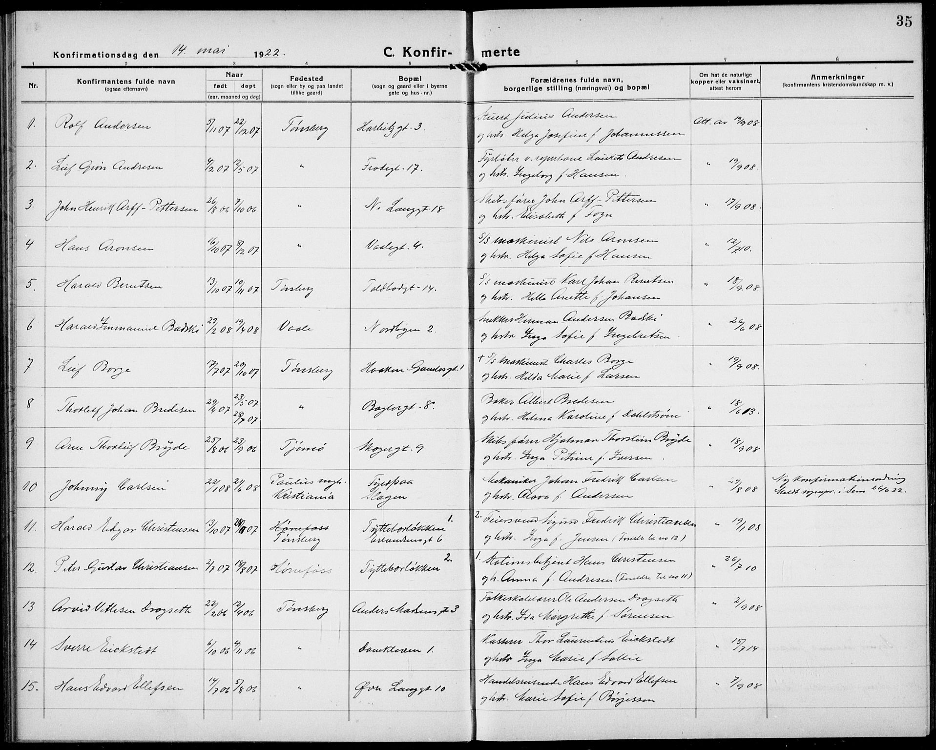 Tønsberg kirkebøker, AV/SAKO-A-330/G/Ga/L0013: Parish register (copy) no. 13, 1920-1929, p. 35