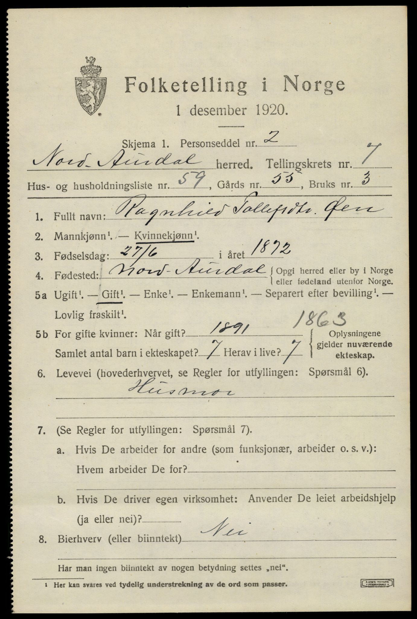 SAH, 1920 census for Nord-Aurdal, 1920, p. 6646