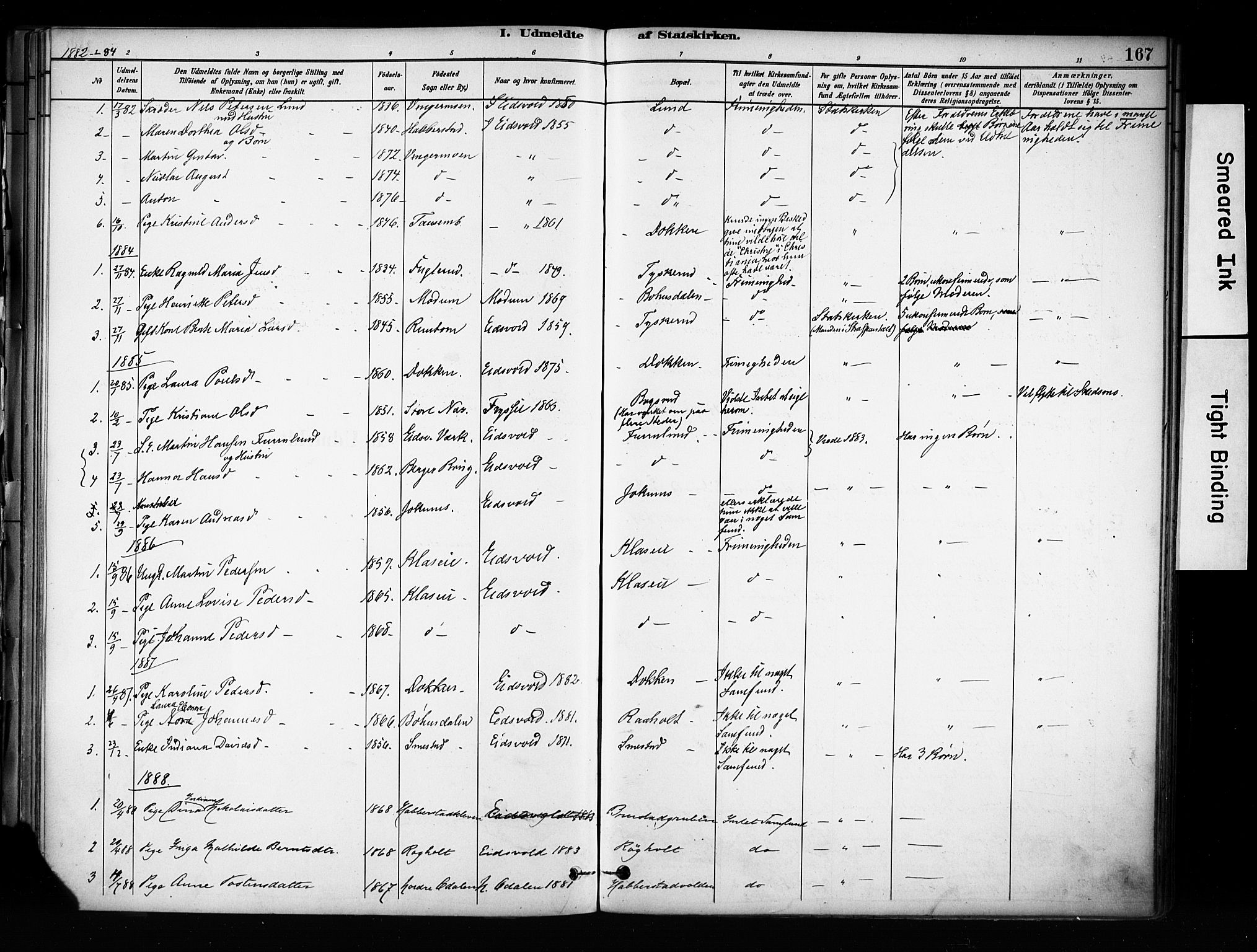 Eidsvoll prestekontor Kirkebøker, SAO/A-10888/F/Fa/L0003: Parish register (official) no. I 3, 1882-1895, p. 167