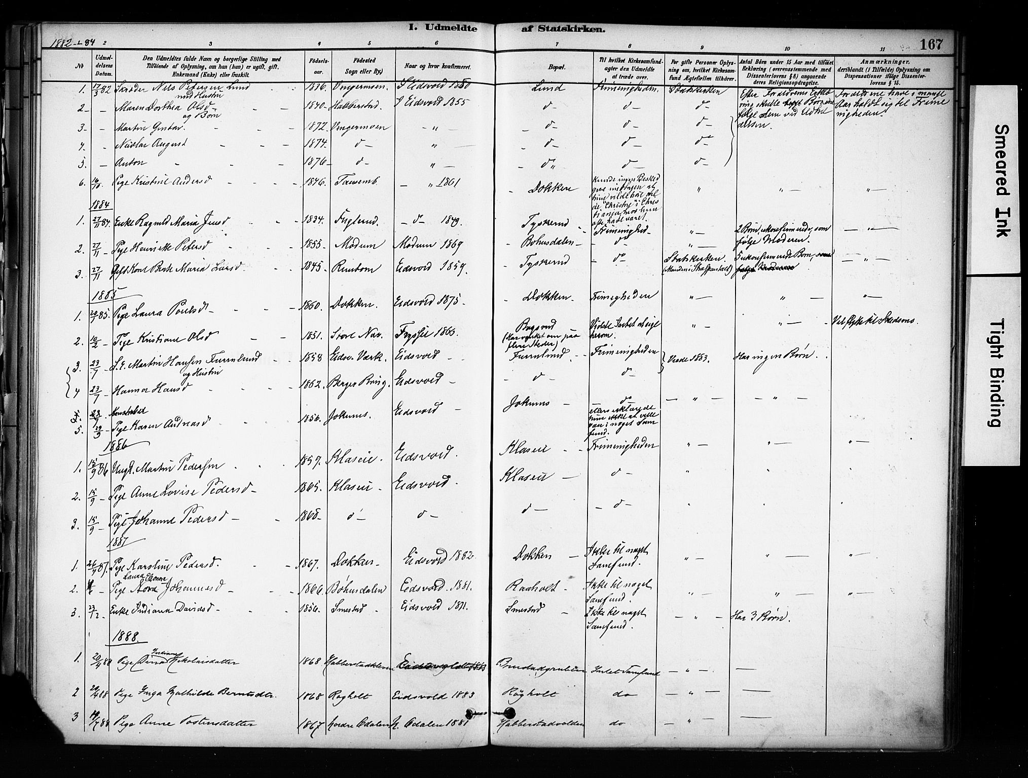 Eidsvoll prestekontor Kirkebøker, AV/SAO-A-10888/F/Fa/L0003: Parish register (official) no. I 3, 1882-1895, p. 167
