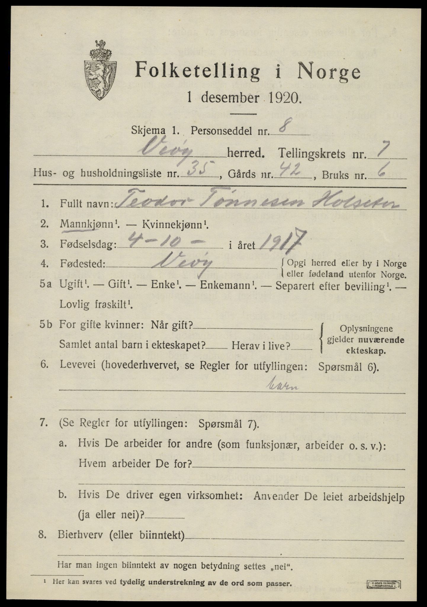 SAT, 1920 census for Veøy, 1920, p. 3531