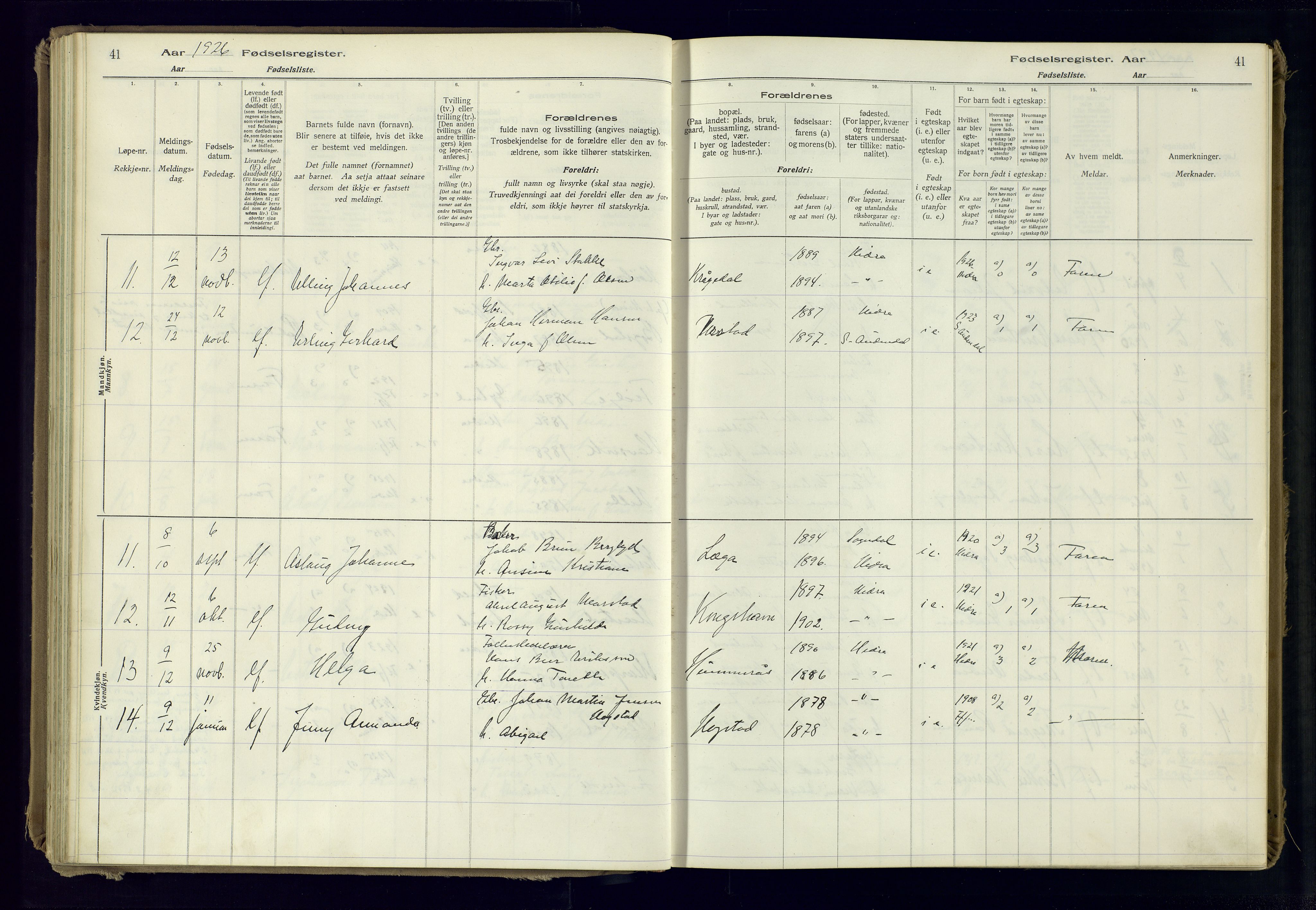 Flekkefjord sokneprestkontor, AV/SAK-1111-0012/J/Ja/L0007: Birth register no. 7, 1916-1982, p. 41