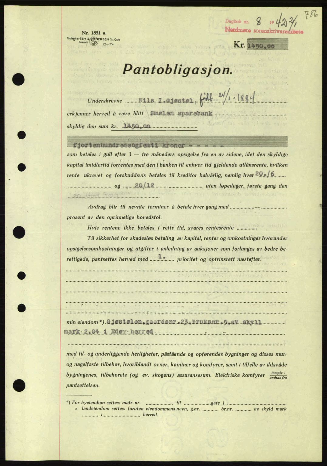 Nordmøre sorenskriveri, AV/SAT-A-4132/1/2/2Ca: Mortgage book no. B88, 1941-1942, Diary no: : 8/1942